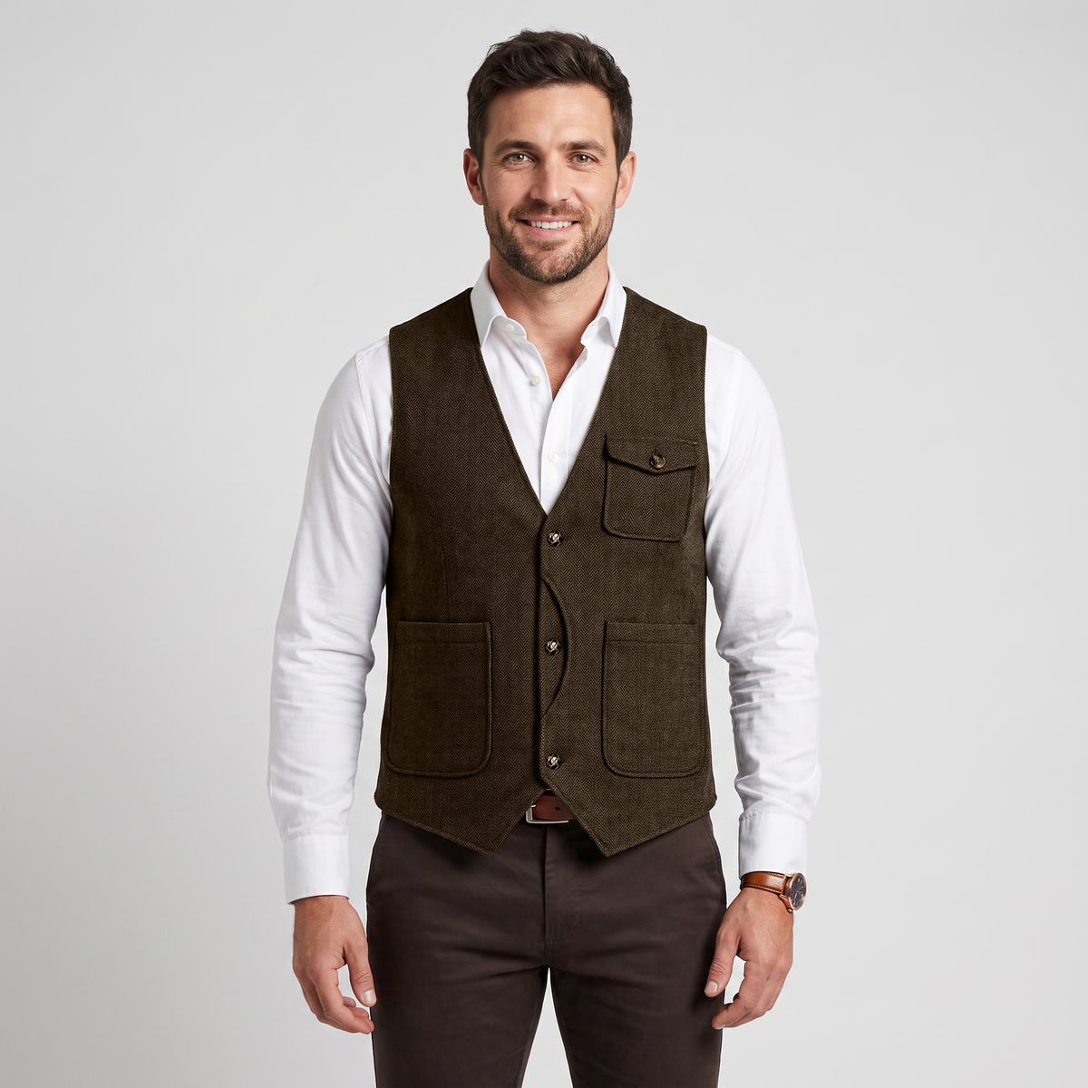 Ceehuteey Men‘s Causual V Neck Tweed Herringbone Waistcoat