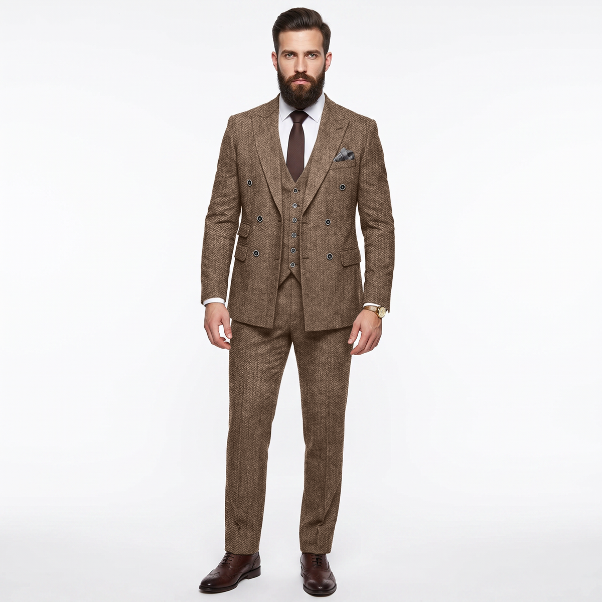 Ceehuteey Men's 3 Pieces Suit Classic Herringbone Tweed Peak Lapel Gent Suits (Blazer+Vest+Pants)