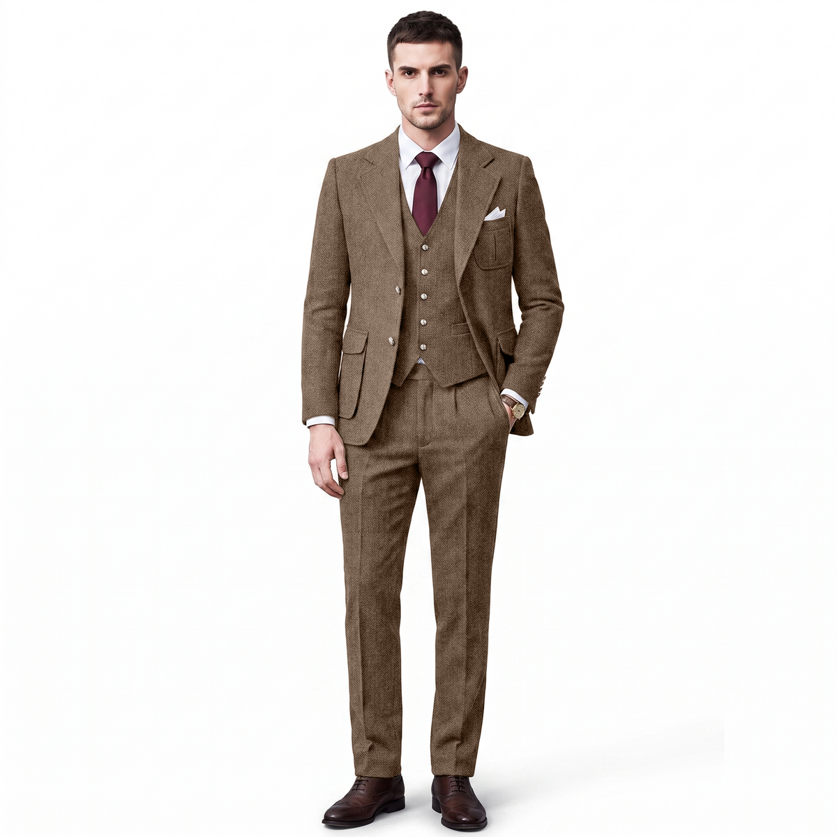 Ceehuteey Men's 3 Pieces Classic Herringbone Tweed Notch Lapel Suits (Blazer+Vest+Pants)
