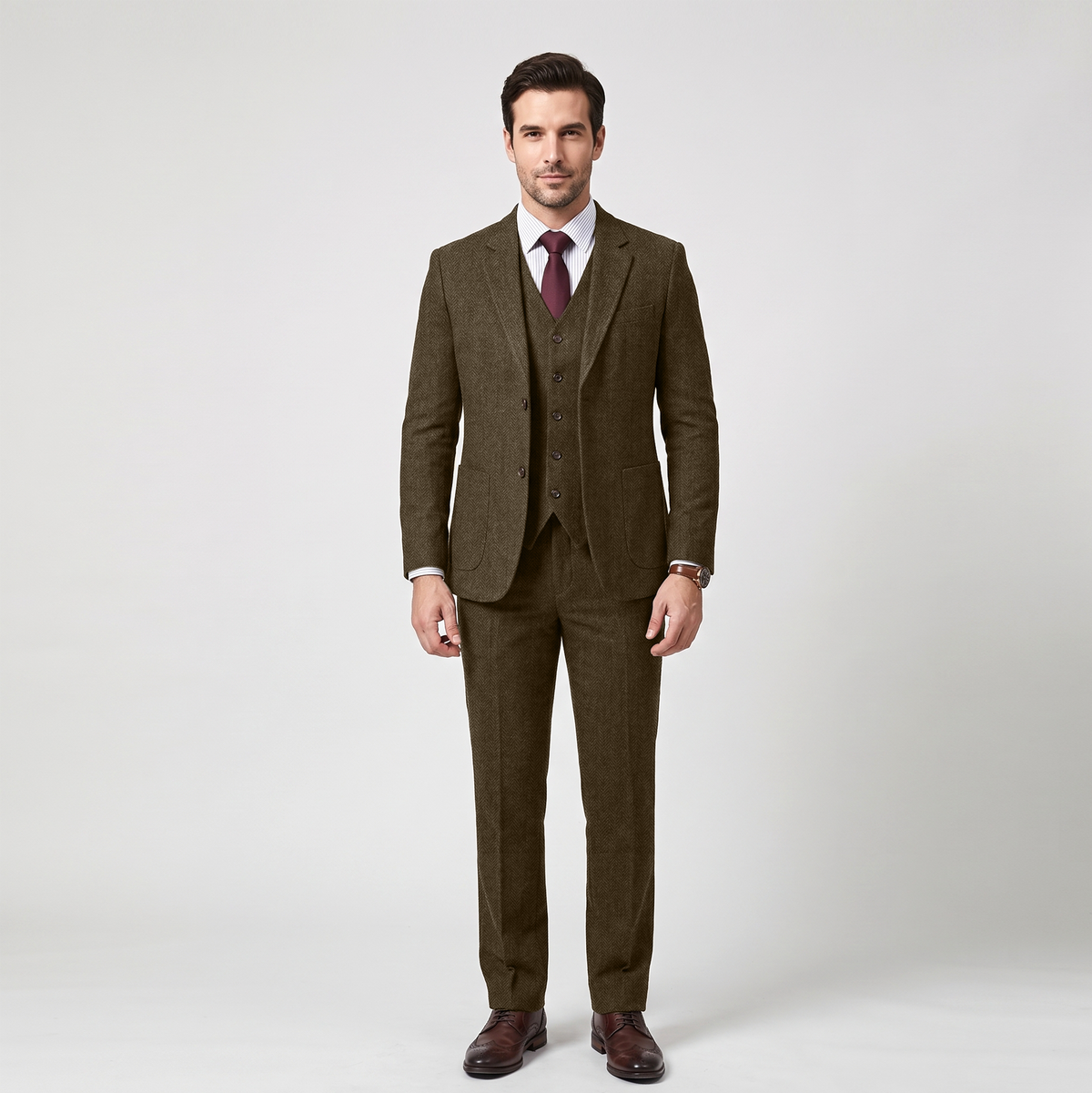 Ceehuteey 3 Pieces Men's Suit Herringbone Flat Notch Lapel Suit (Blazer+Vest+Pants)