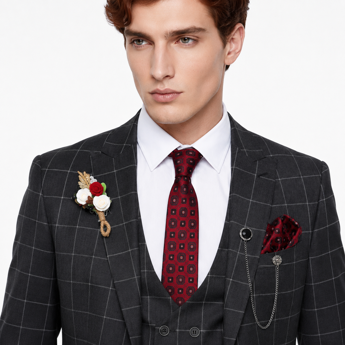 Ceehuteey Casual 3 Pieces Plaid Peak Lapel Men's Suits (Blazer+Vest+Pants)