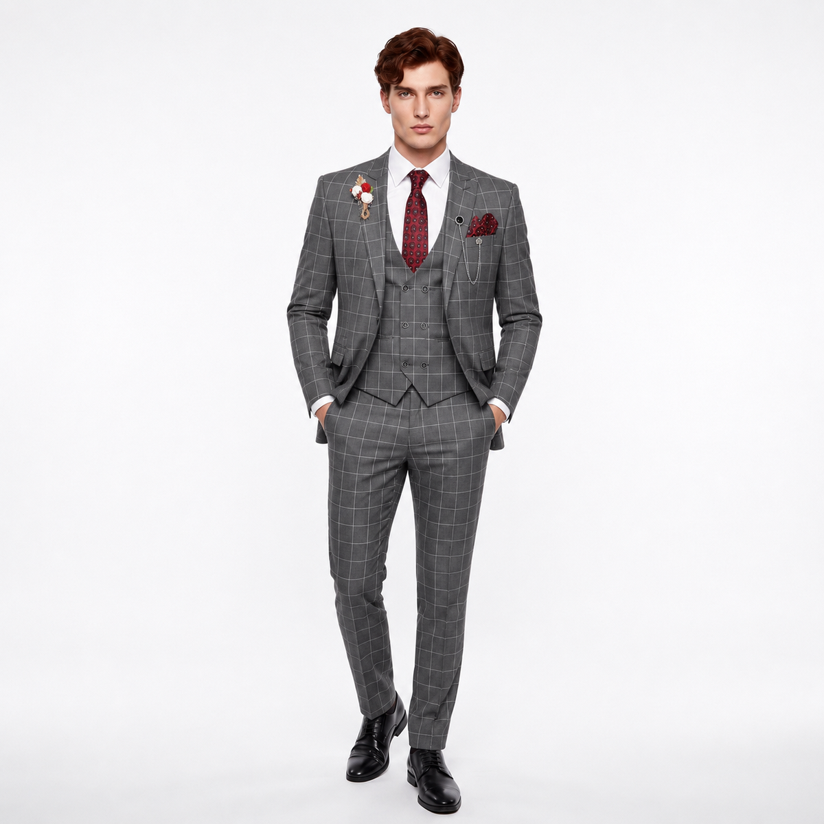 Ceehuteey Casual 3 Pieces Plaid Peak Lapel Men's Suits (Blazer+Vest+Pants)