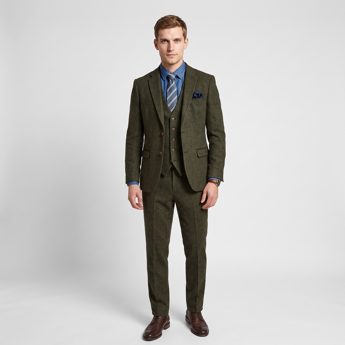 Ceehuteey Men's 3 Pieces Tweed Herringbone Notch Lapel Men's Suit (Blazer+Vest+Pants)