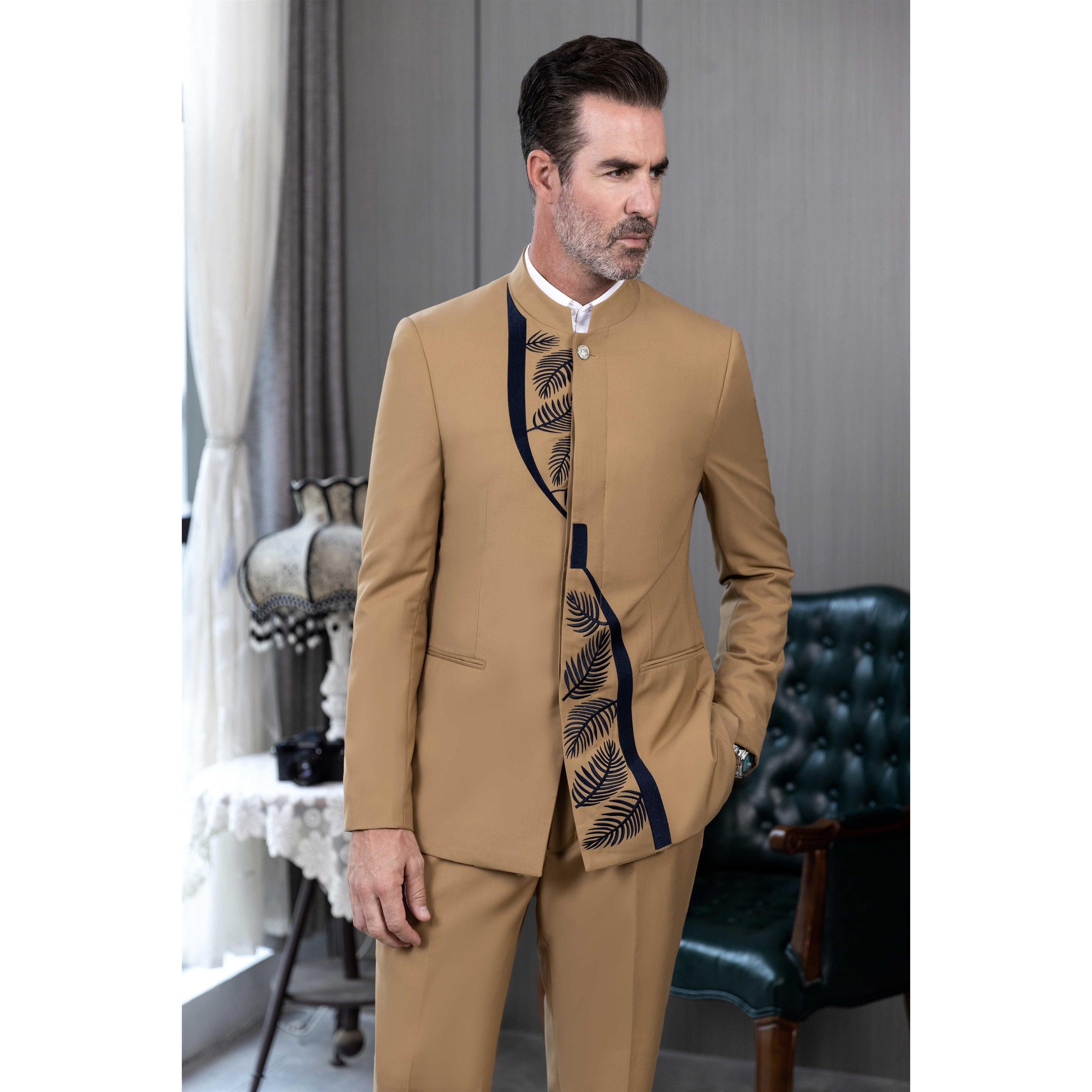 ceehuteey 2 Pieces Men's Stand Collar Chinese Classic Design Patterned Suits(Blazer+Pants)