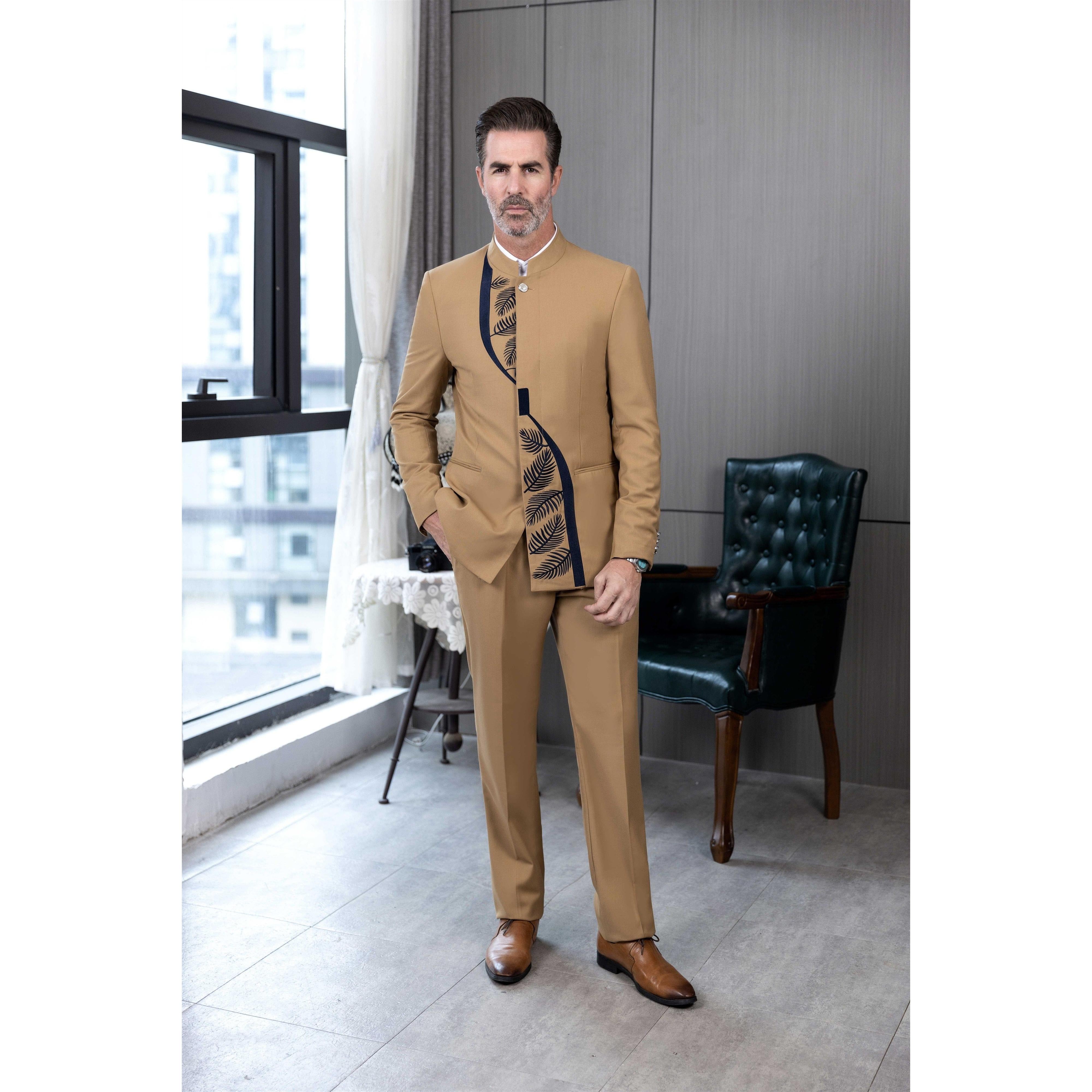 ceehuteey 2 Pieces Men's Stand Collar Chinese Classic Design Patterned Suits(Blazer+Pants)