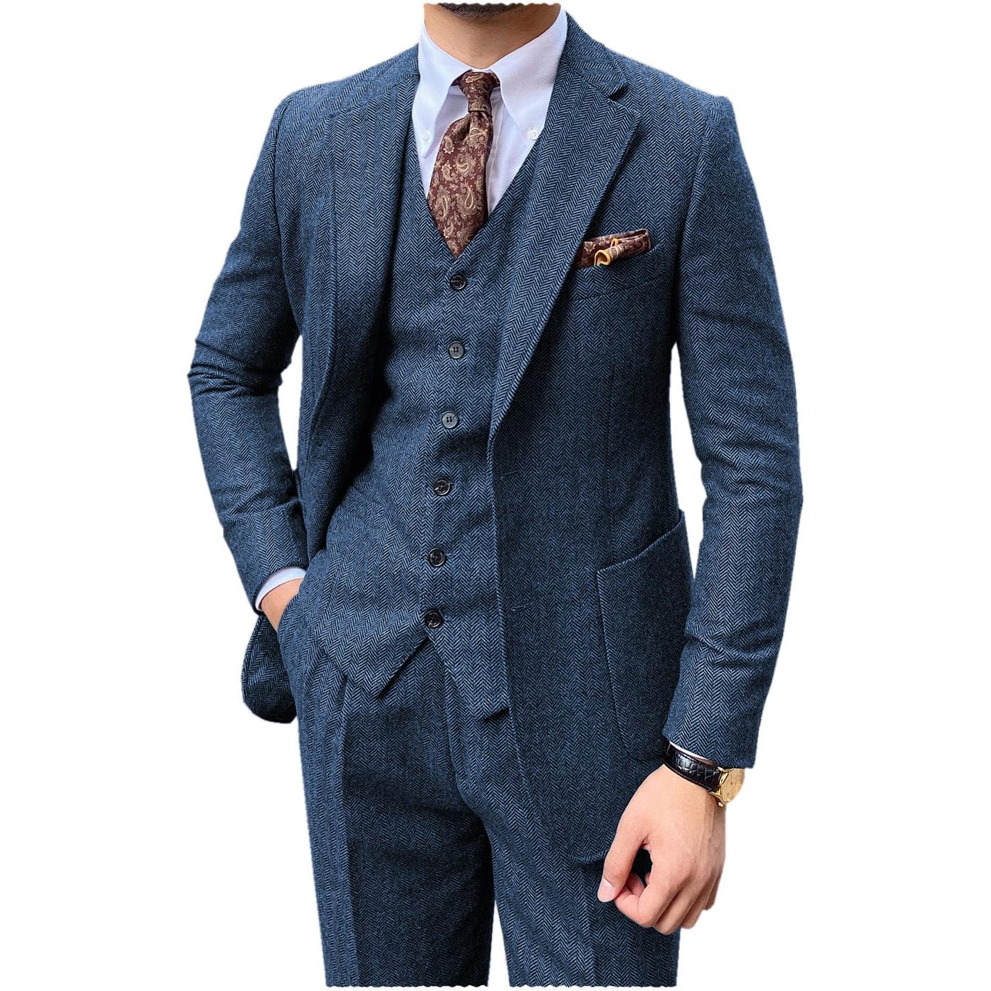 ceehuteey 3 Piece Mens Suit Herringbone Notch Lapel Tuxedos (Blazer+Vest+Pants)