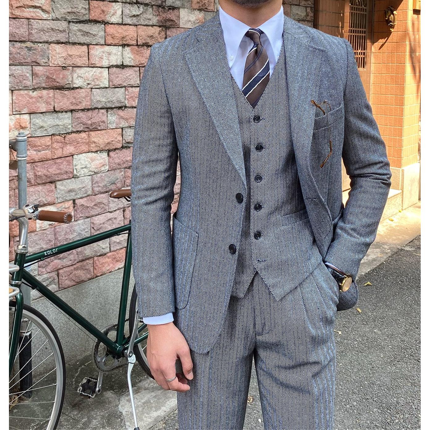 ceehuteey 3 Piece Mens Suit Herringbone Notch Lapel Tuxedos (Blazer+Vest+Pants)