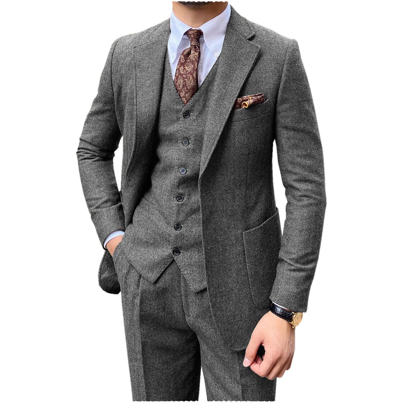 ceehuteey 3 Piece Mens Suit Herringbone Notch Lapel Tuxedos (Blazer+Vest+Pants)