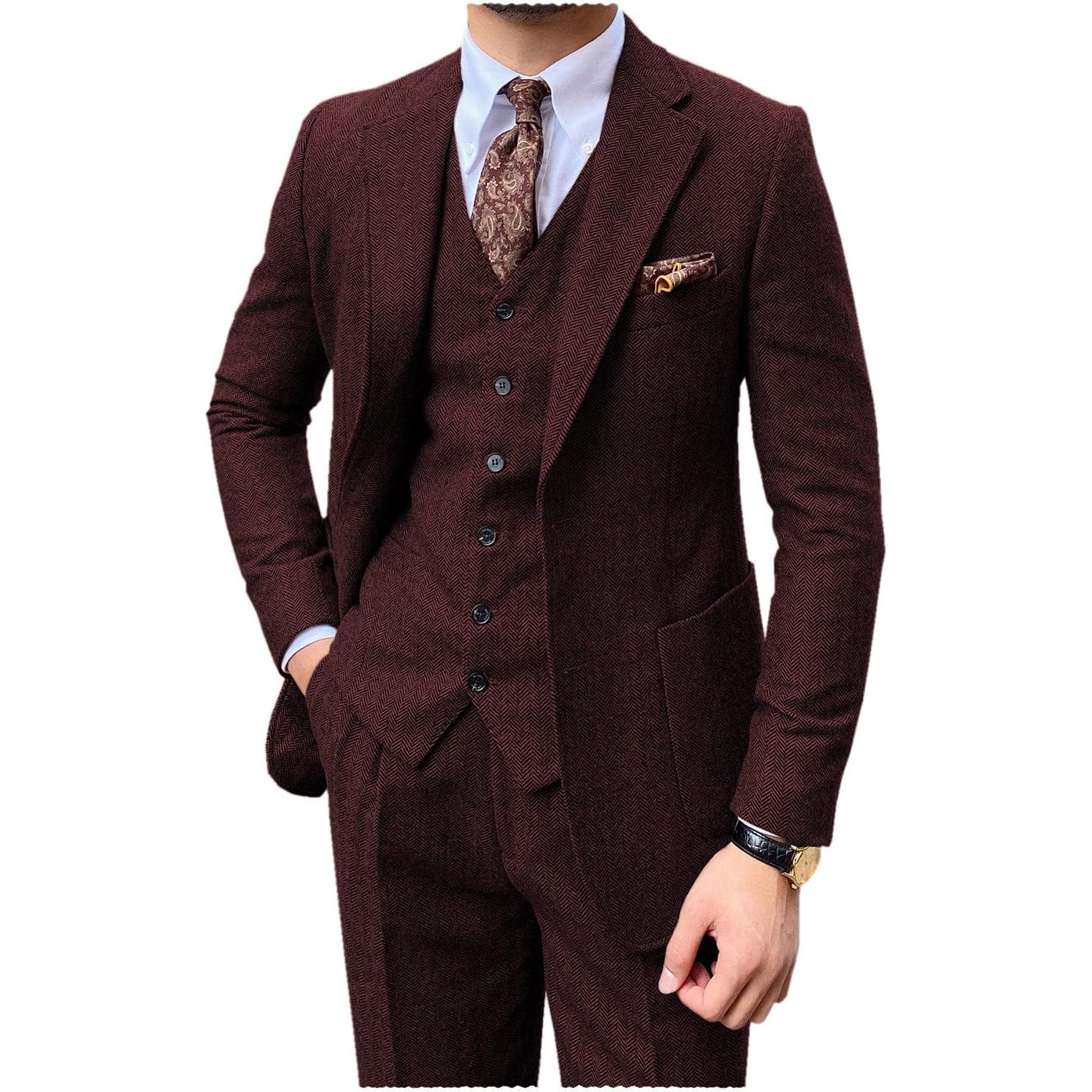 ceehuteey 3 Piece Mens Suit Herringbone Notch Lapel Tuxedos (Blazer+Vest+Pants)