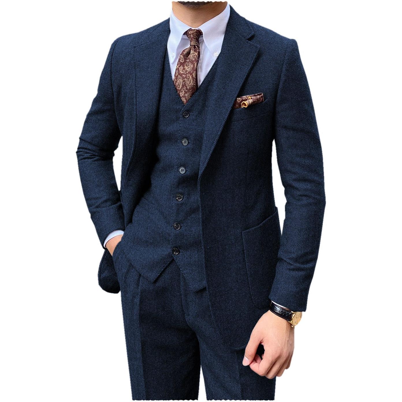 ceehuteey 3 Piece Mens Suit Herringbone Notch Lapel Tuxedos (Blazer+Vest+Pants)