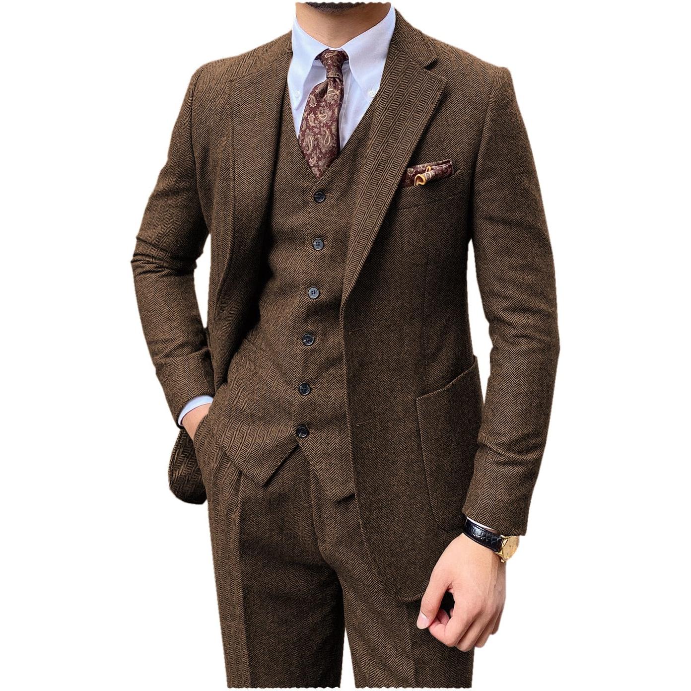 ceehuteey 3 Piece Mens Suit Herringbone Notch Lapel Tuxedos (Blazer+Vest+Pants)
