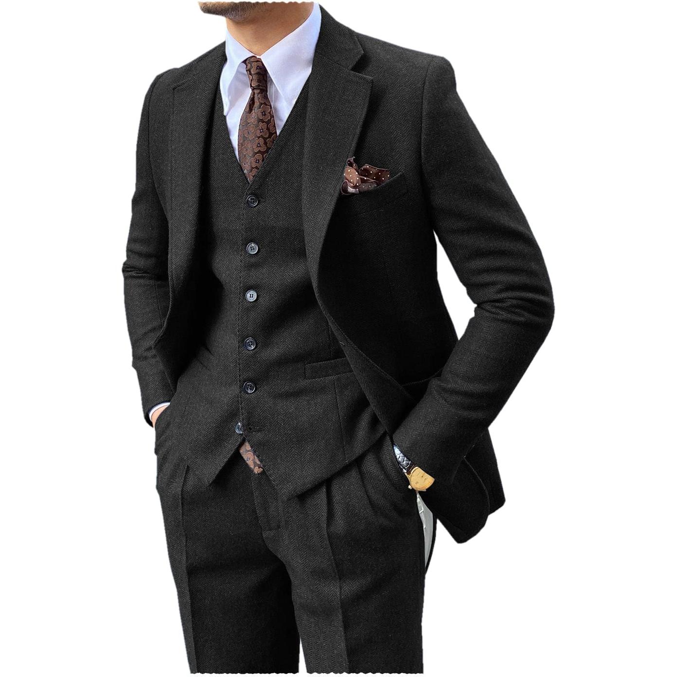 ceehuteey 3 Piece Mens Suit Herringbone Notch Lapel Tuxedos (Blazer+Vest+Pants)