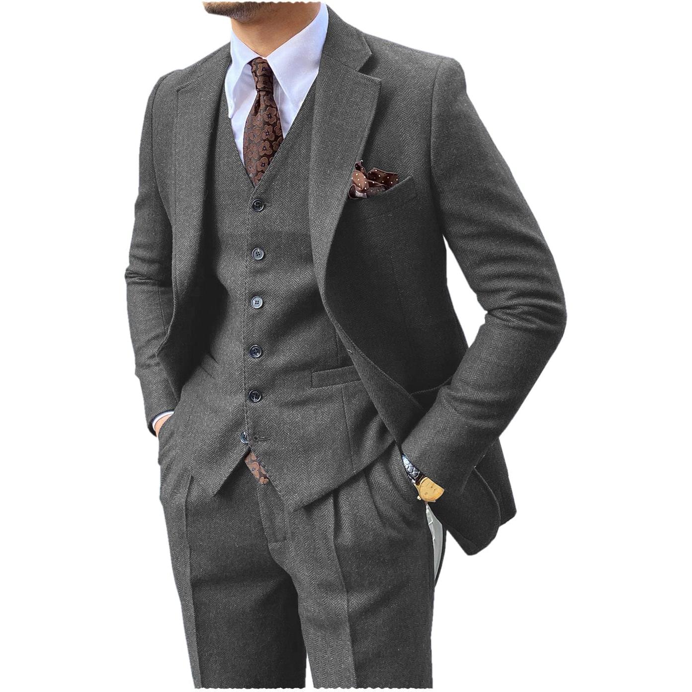 ceehuteey 3 Piece Mens Suit Herringbone Notch Lapel Tuxedos (Blazer+Vest+Pants)
