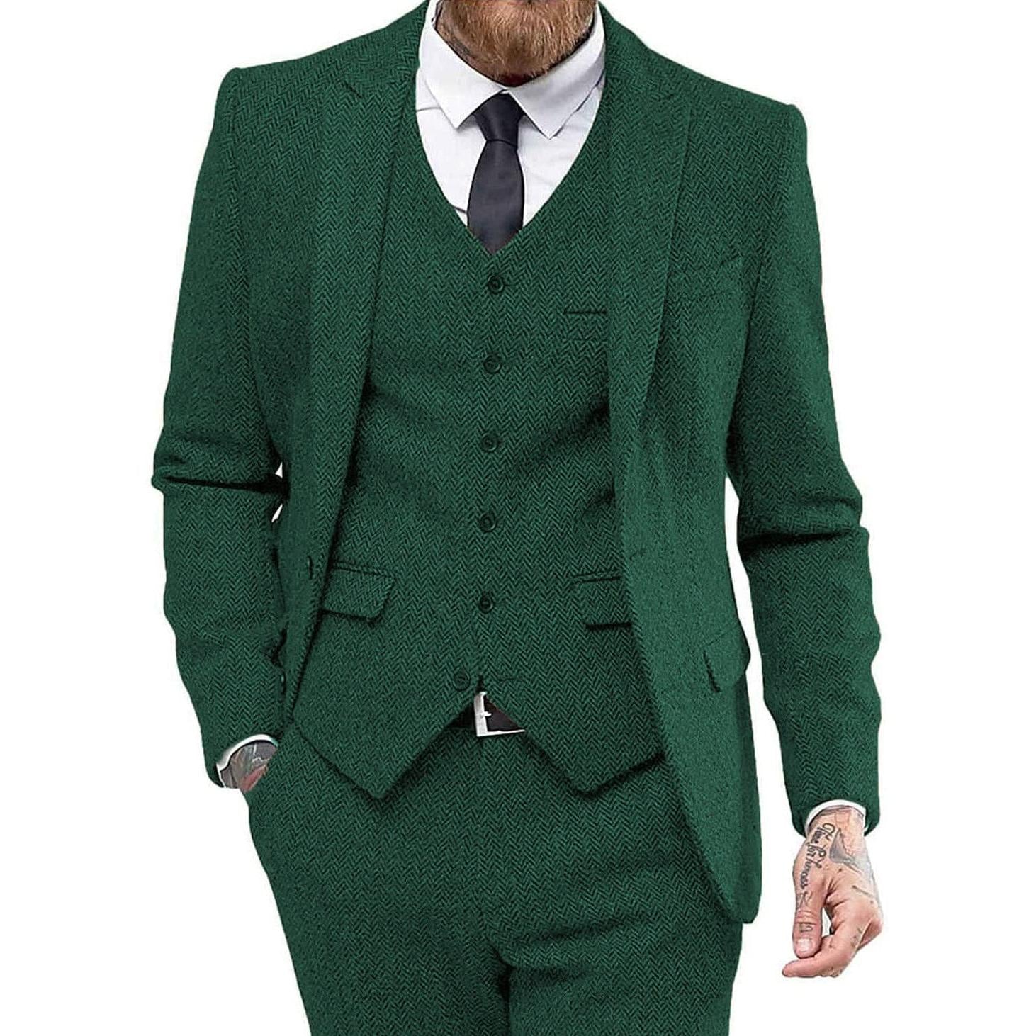 ceehuteey 3 Piece Mens Suit Herringbone Peak Lapel Tuxedos (Blazer+vest+Pants)