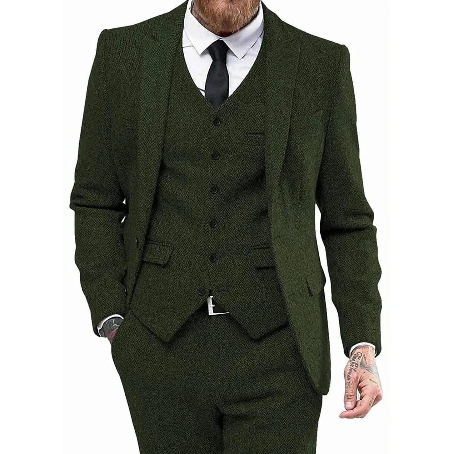 ceehuteey 3 Piece Mens Suit Herringbone Peak Lapel Tuxedos (Blazer+vest+Pants)