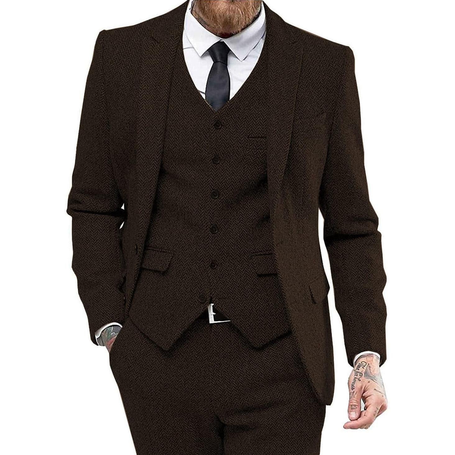 ceehuteey 3 Piece Mens Suit Herringbone Peak Lapel Tuxedos (Blazer+vest+Pants)