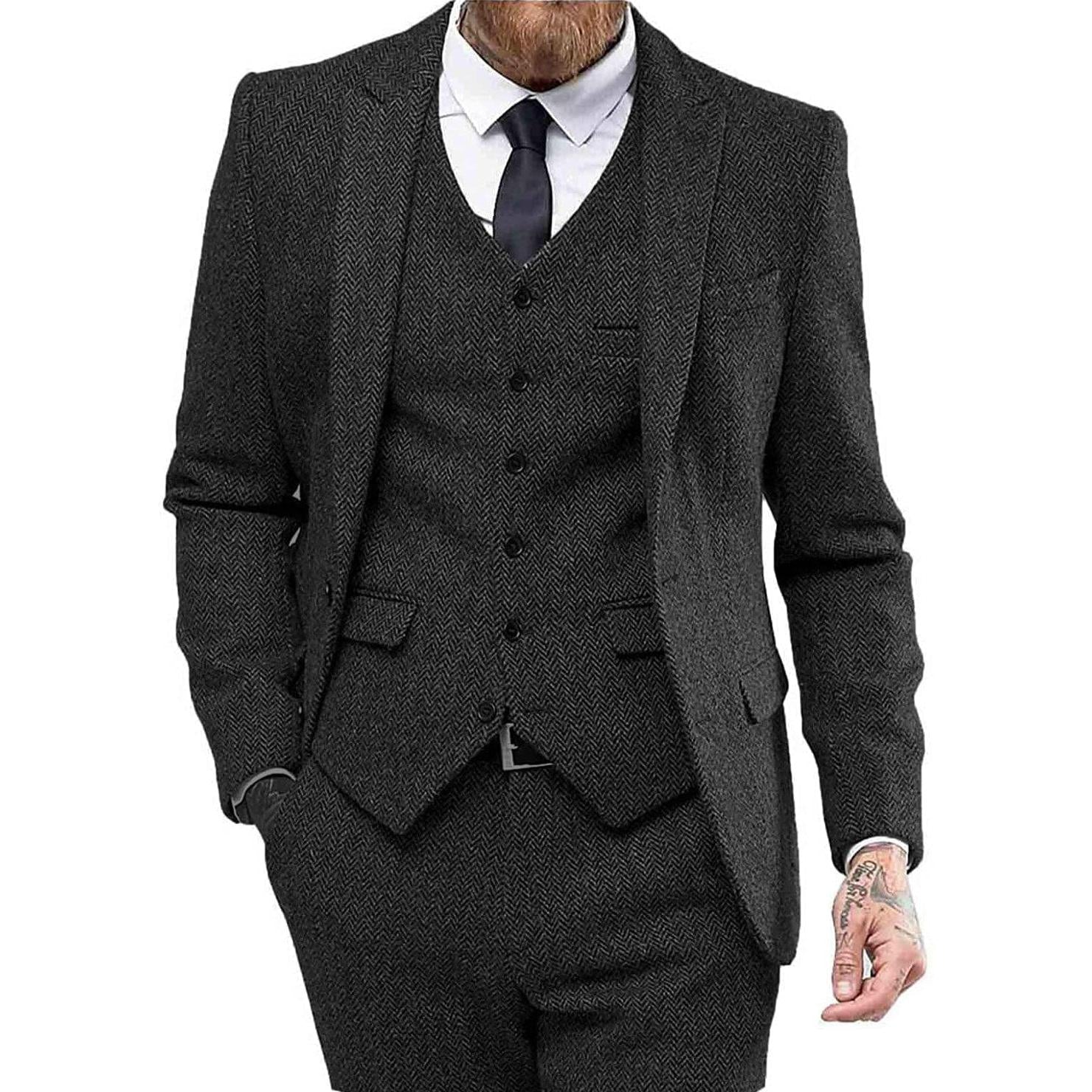 ceehuteey 3 Piece Mens Suit Herringbone Peak Lapel Tuxedos (Blazer+vest+Pants)