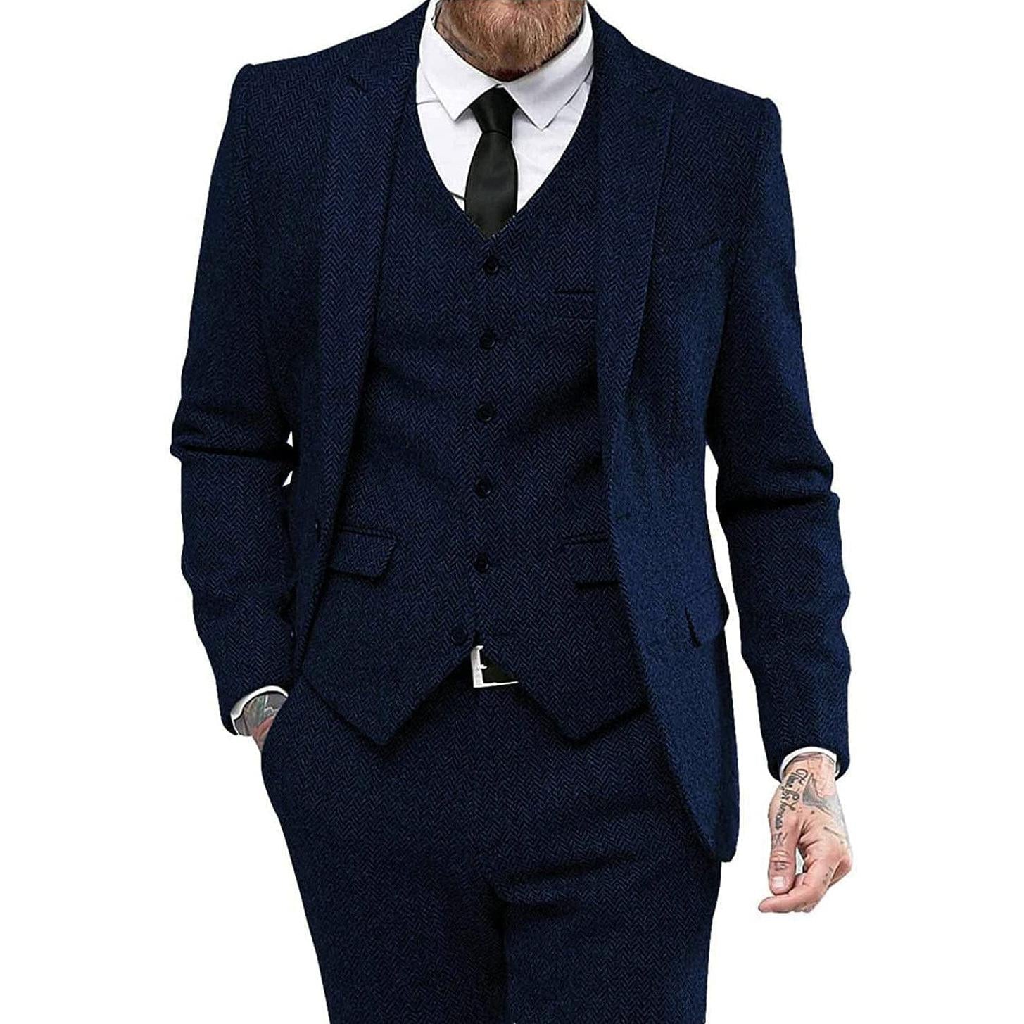 ceehuteey 3 Piece Mens Suit Herringbone Peak Lapel Tuxedos (Blazer+vest+Pants)