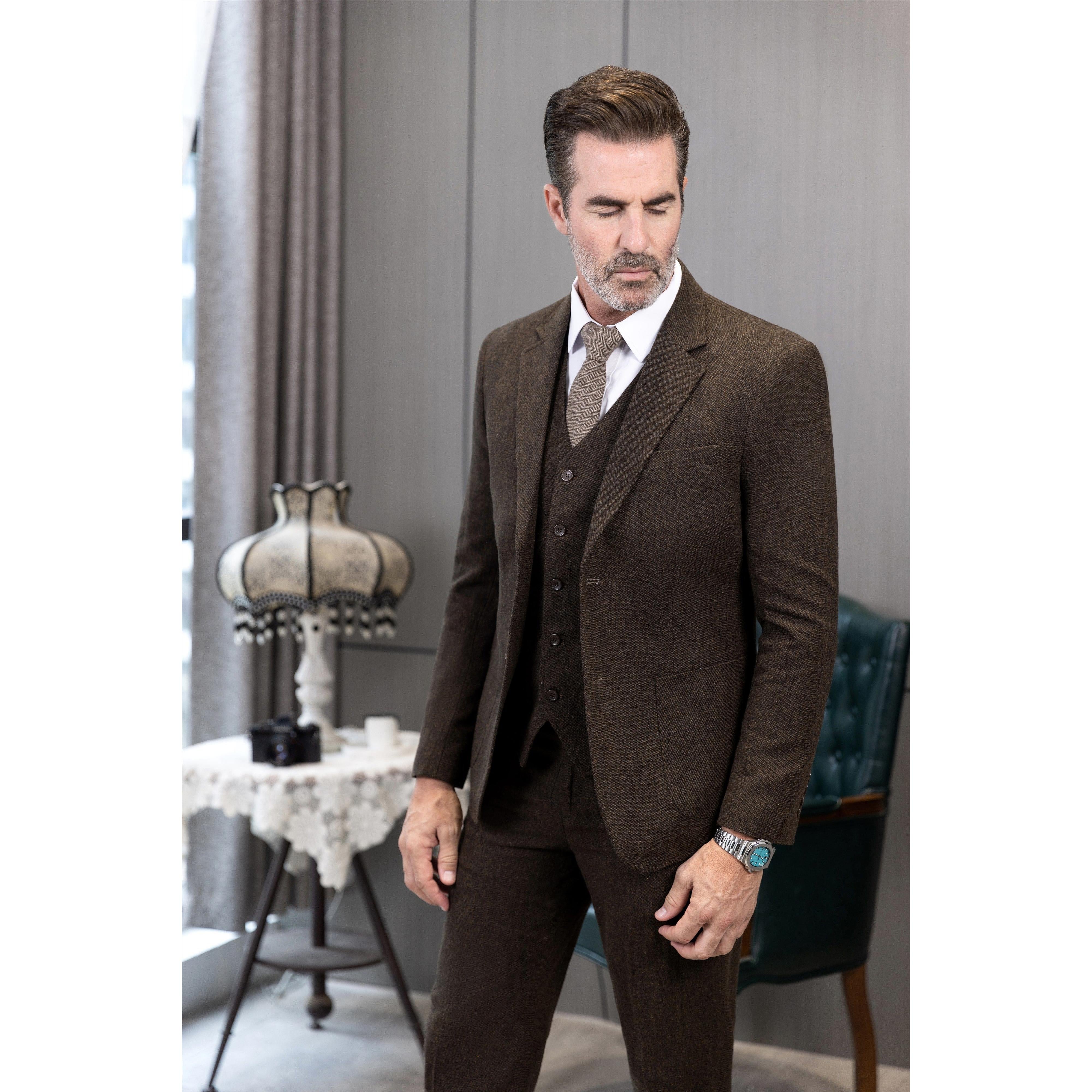 ceehuteey 3 Pieces Mens Suit Herringbone Business Flat Suit (Blazer+vest+Pants)