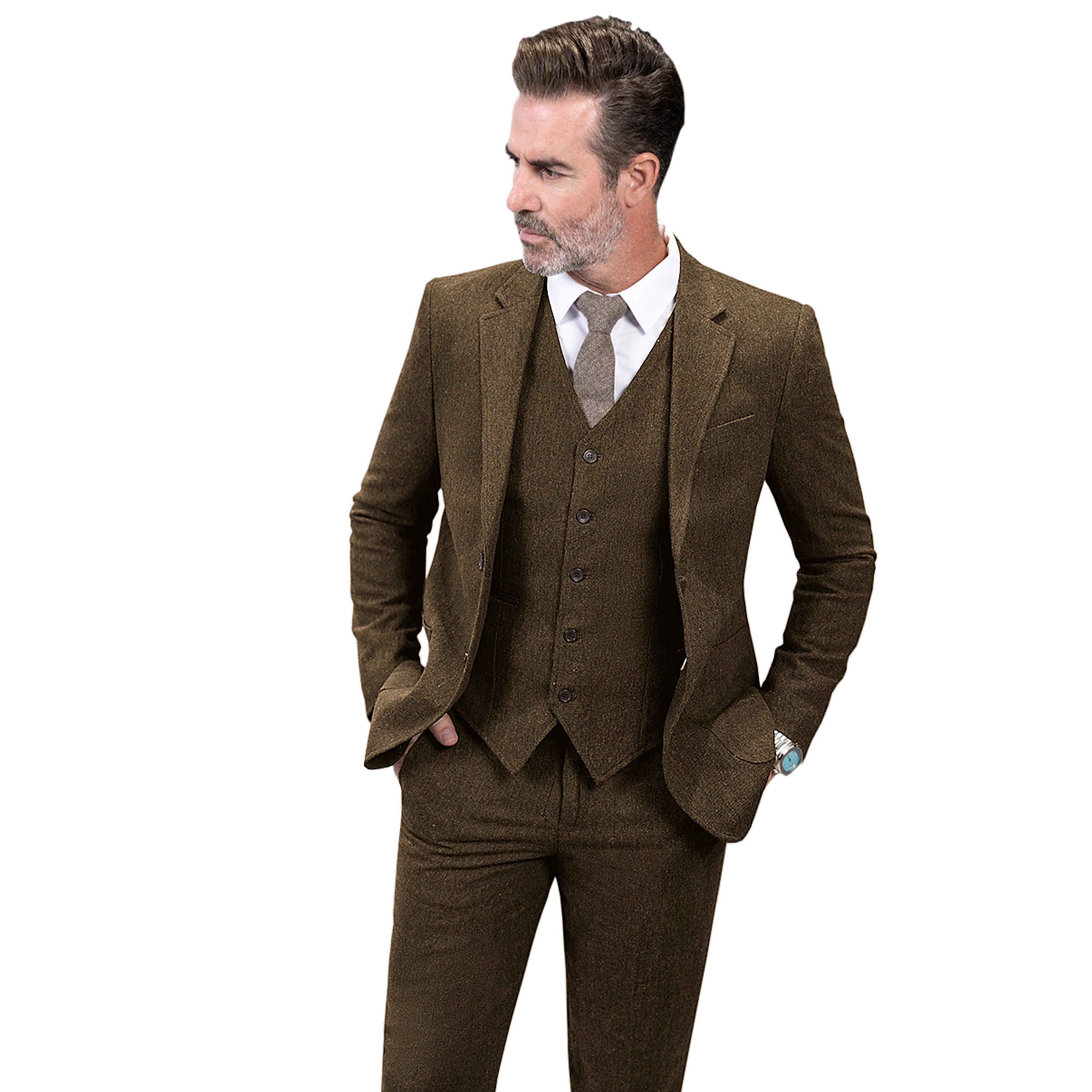 ceehuteey 3 Pieces Mens Suit Herringbone Business Flat Suit (Blazer+vest+Pants)