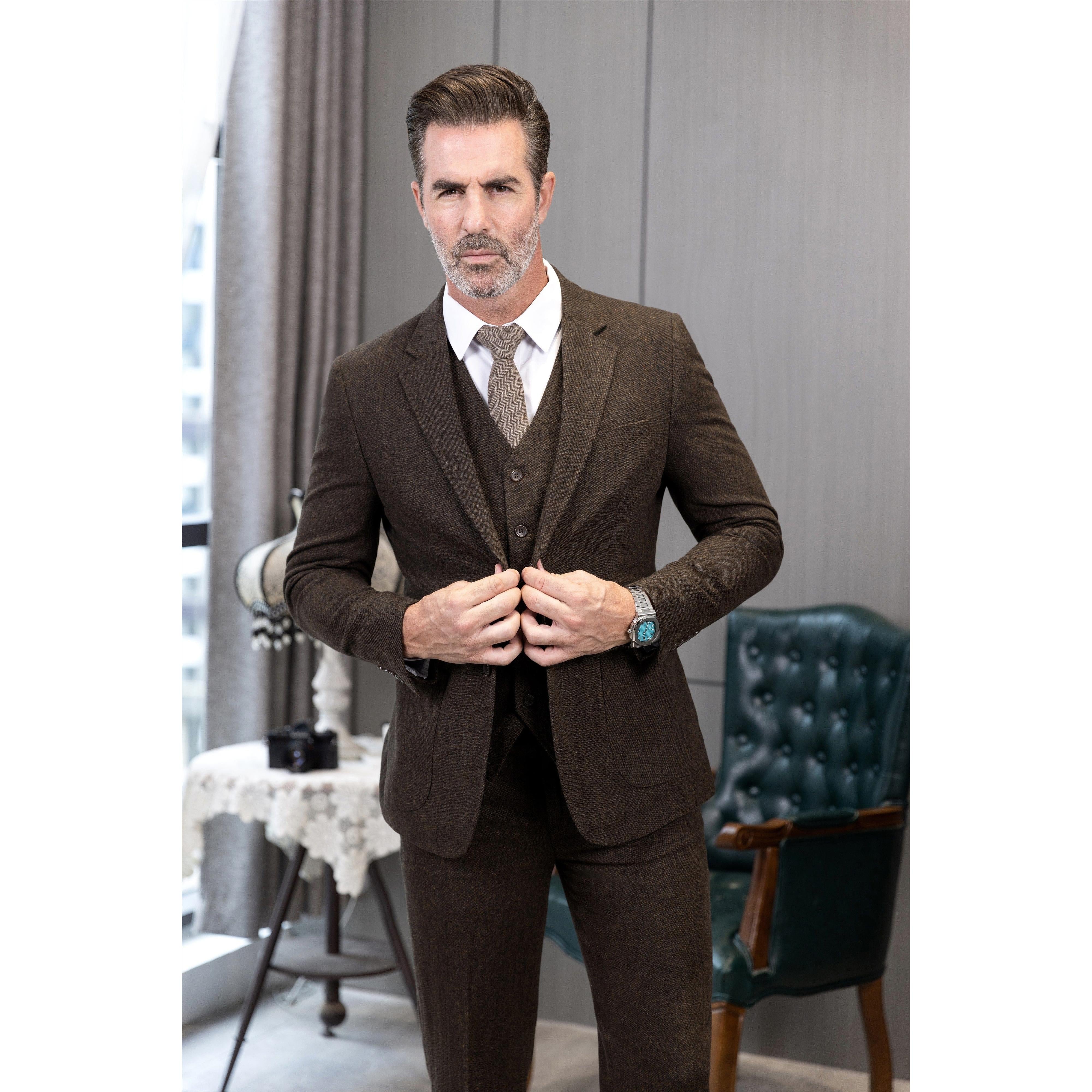 ceehuteey 3 Pieces Mens Suit Herringbone Business Flat Suit (Blazer+vest+Pants)