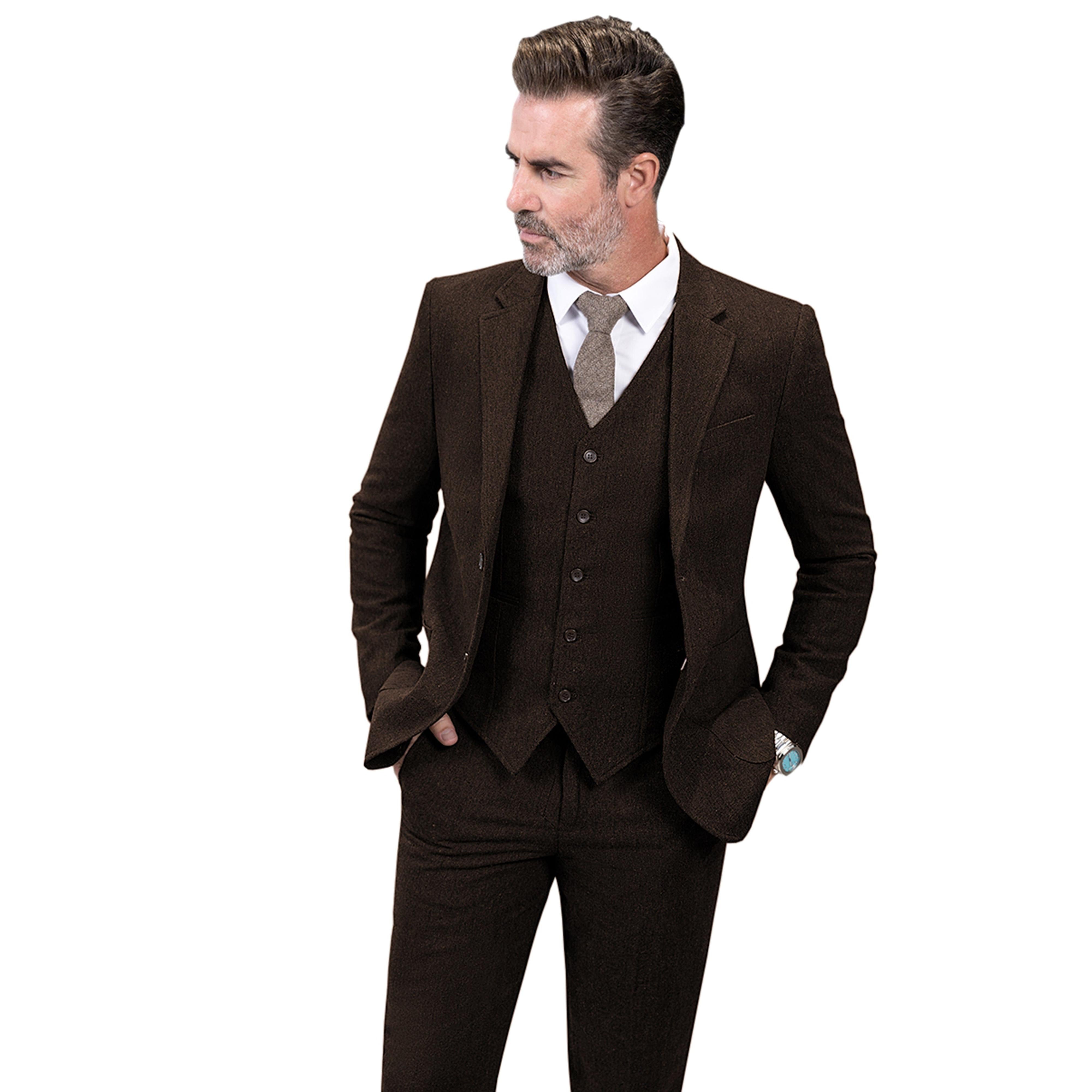 ceehuteey 3 Pieces Mens Suit Herringbone Business Flat Suit (Blazer+vest+Pants)