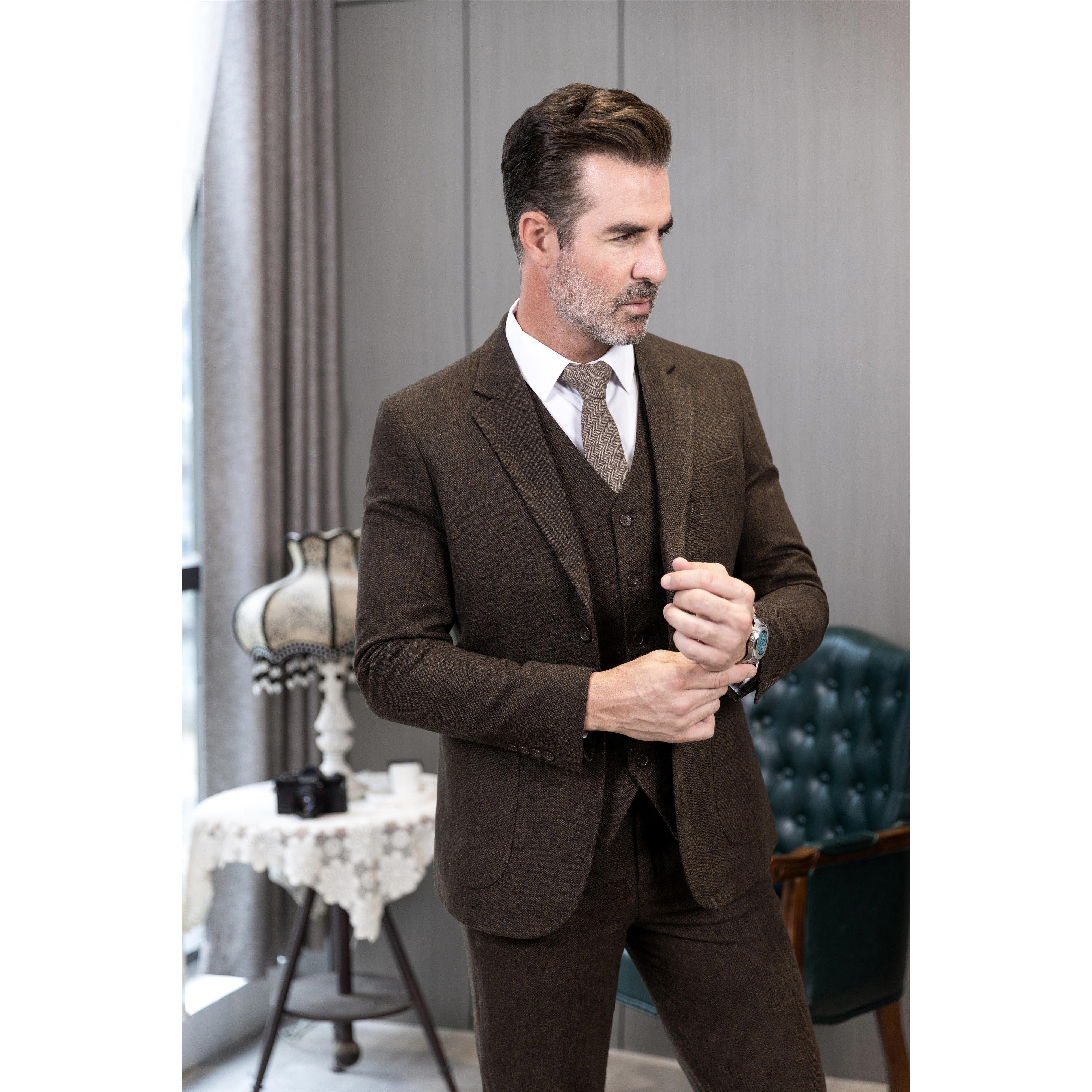 ceehuteey 3 Pieces Mens Suit Herringbone Business Flat Suit (Blazer+vest+Pants)