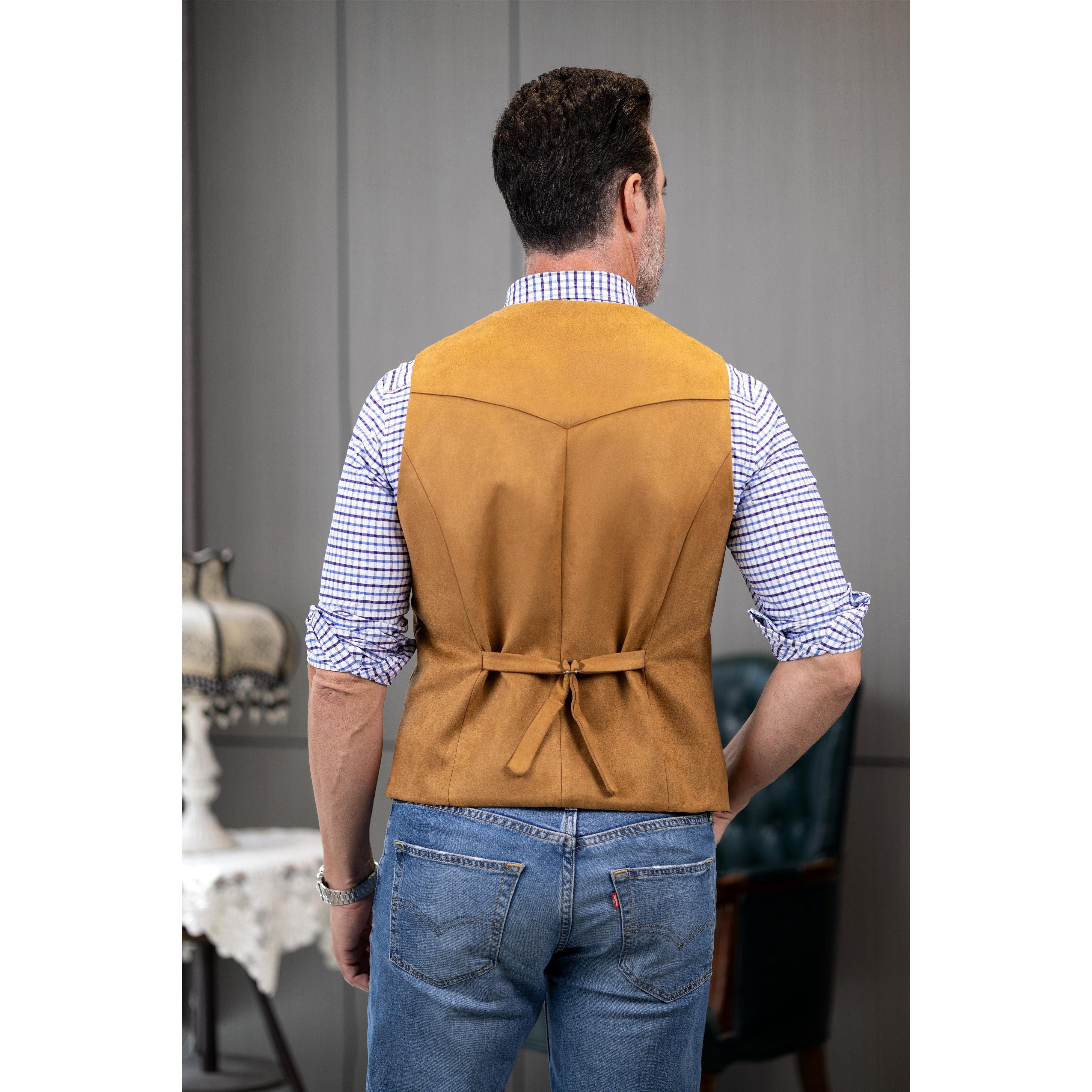 ceehuteey Casual Men's Suede Fashion Cowboy Suit Solid Vest V Neck Waistcoat