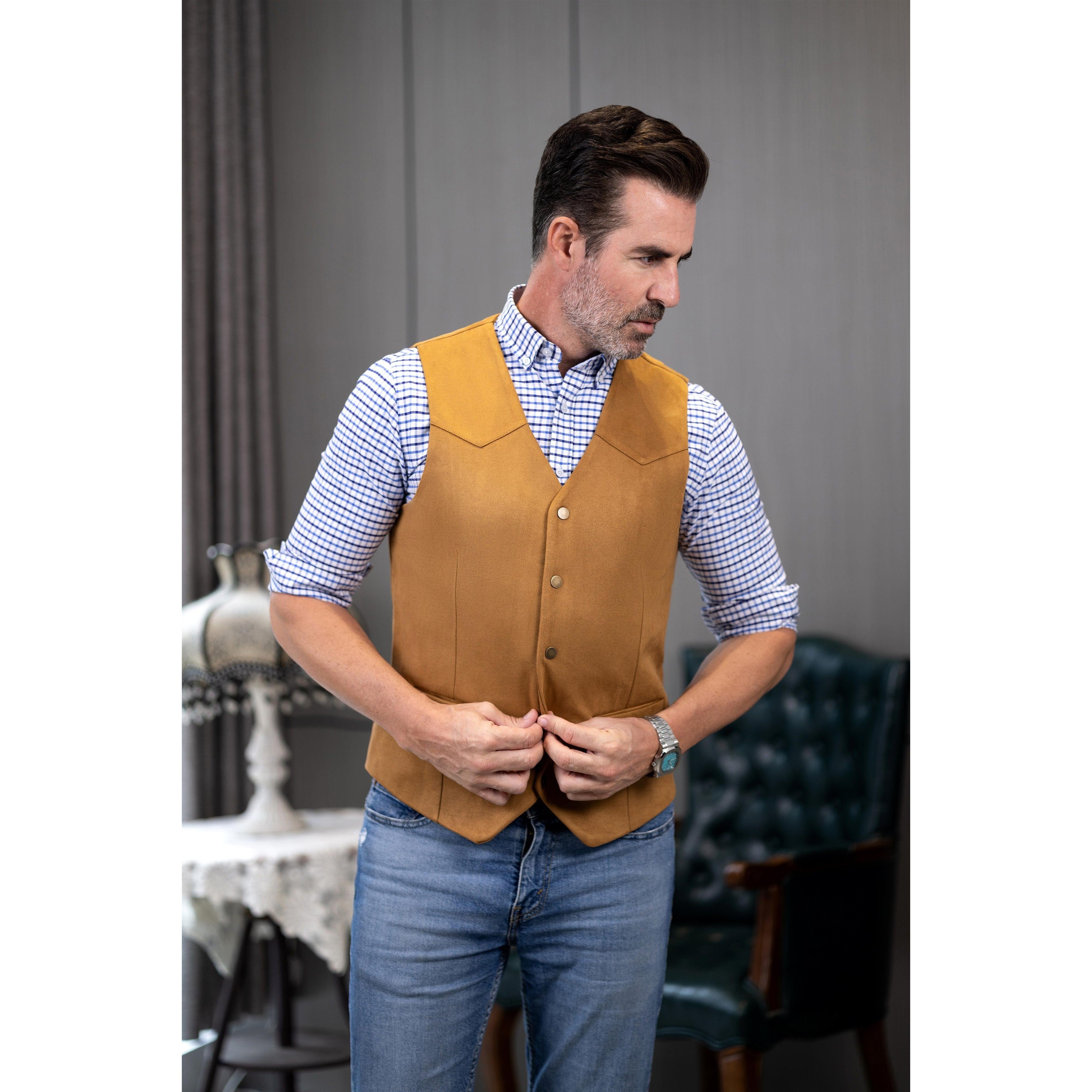 ceehuteey Casual Men's Suede Fashion Cowboy Suit Solid Vest V Neck Waistcoat