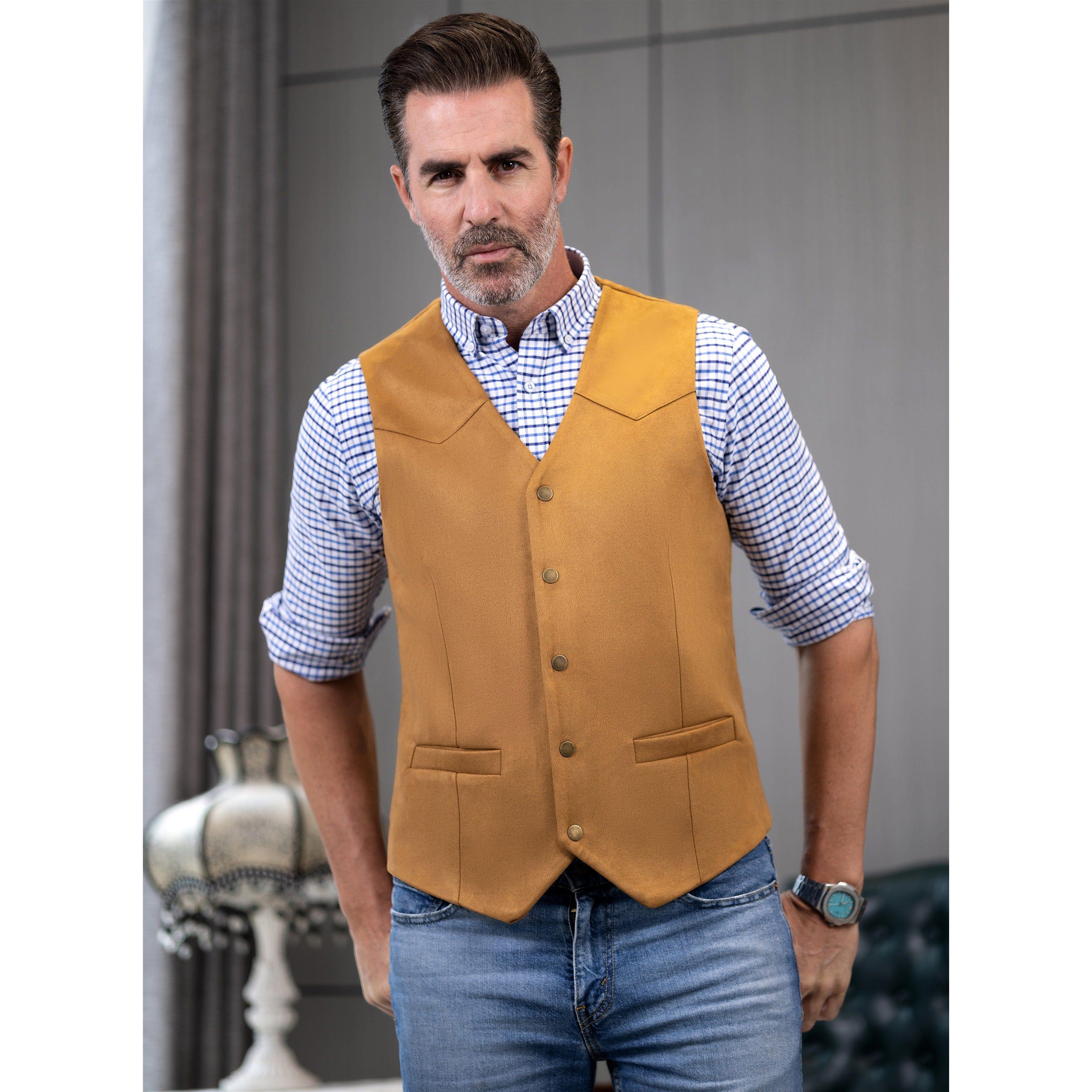 ceehuteey Casual Men's Suede Fashion Cowboy Suit Solid Vest V Neck Waistcoat