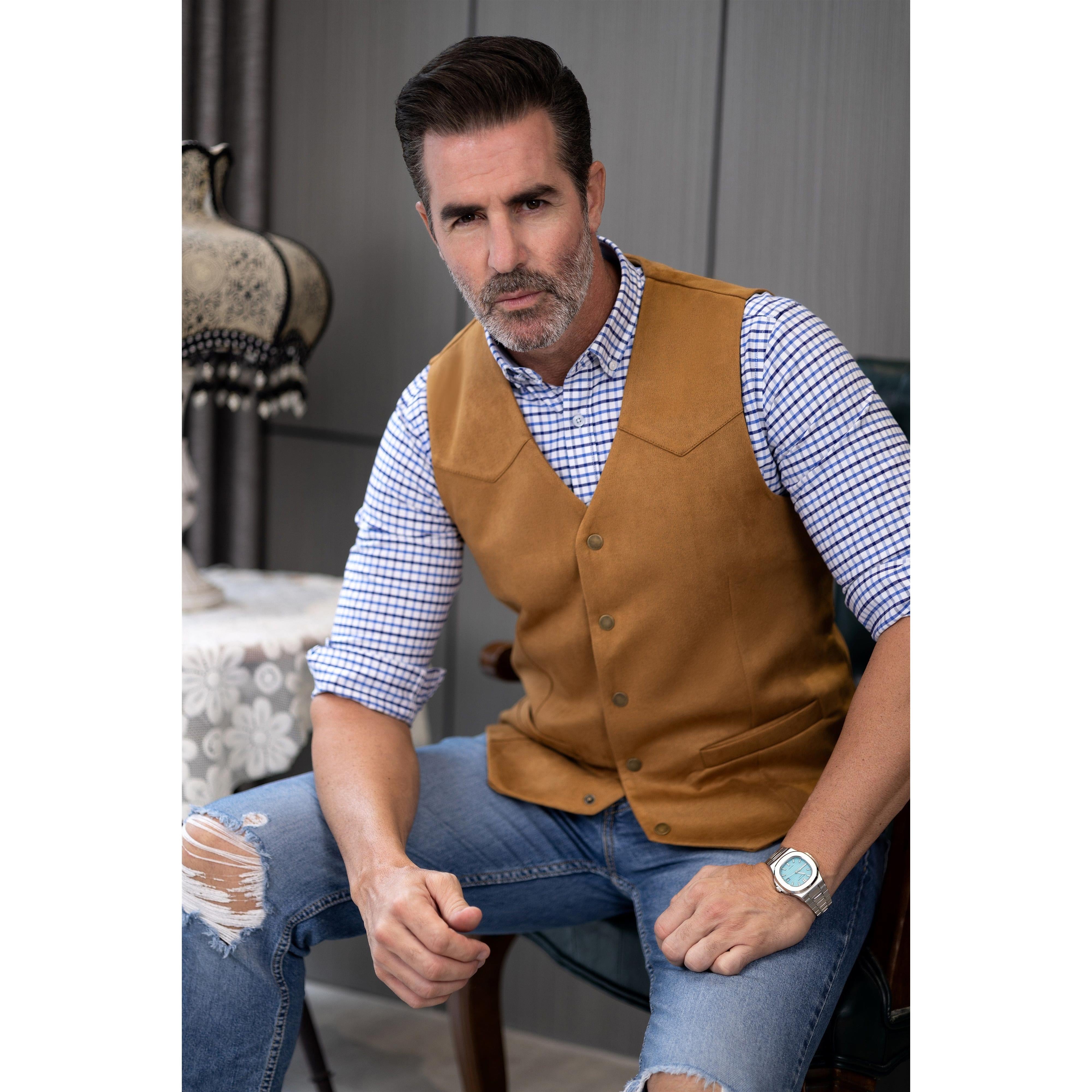 ceehuteey Casual Men's Suede Fashion Cowboy Suit Solid Vest V Neck Waistcoat