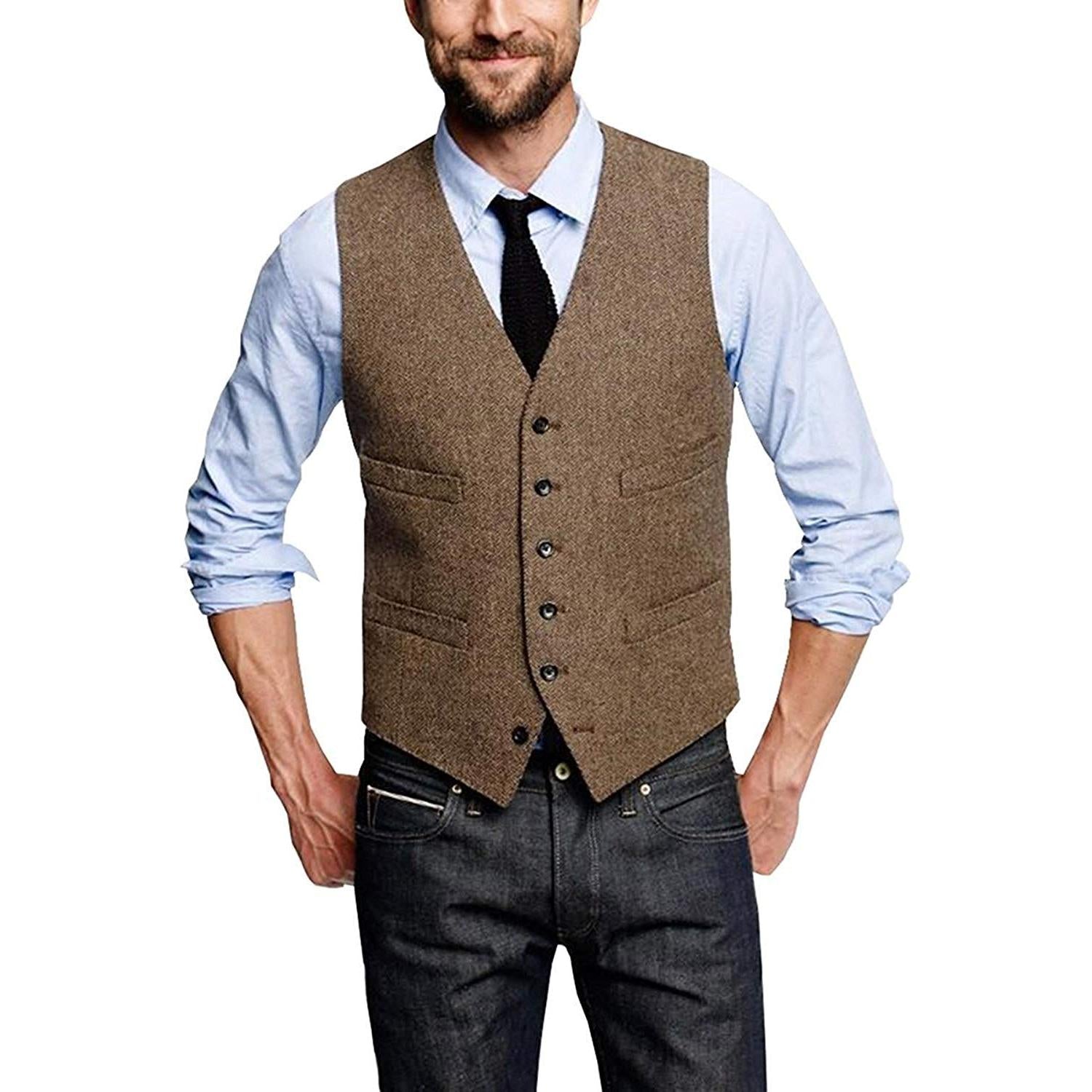 ceehuteey Casual Mens Leisure Tweed Herringbone V Neck Waistcoat