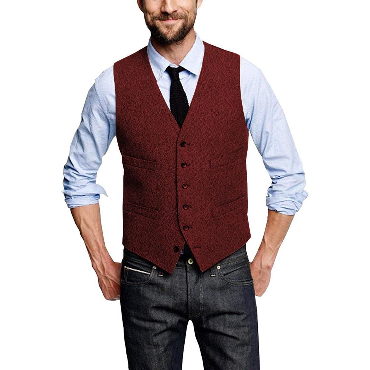 ceehuteey Casual Mens Leisure Tweed Herringbone V Neck Waistcoat
