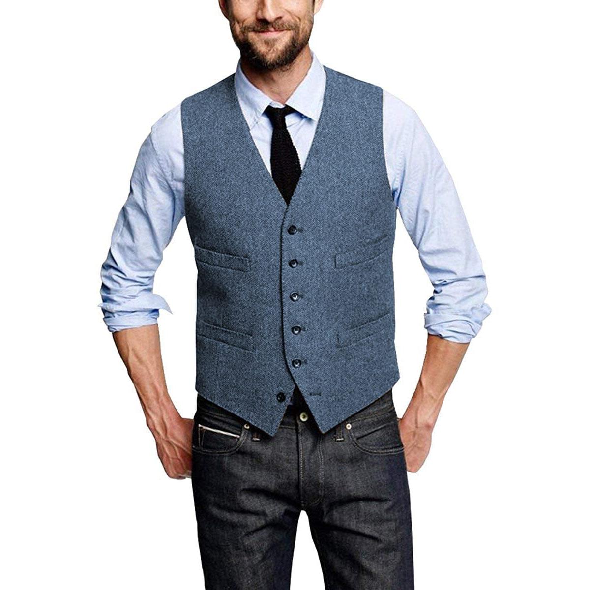 ceehuteey Casual Mens Leisure Tweed Herringbone V Neck Waistcoat