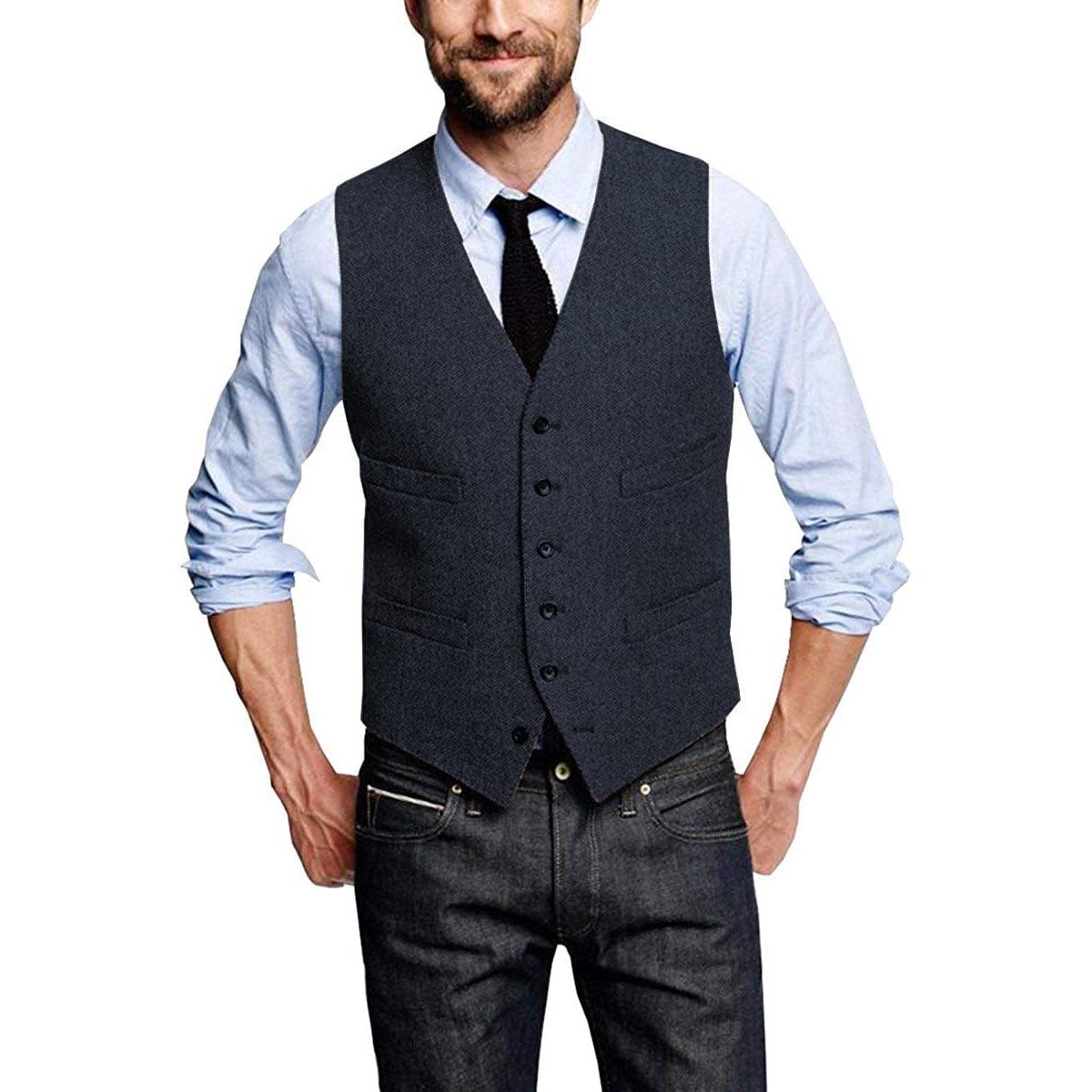 ceehuteey Casual Mens Leisure Tweed Herringbone V Neck Waistcoat