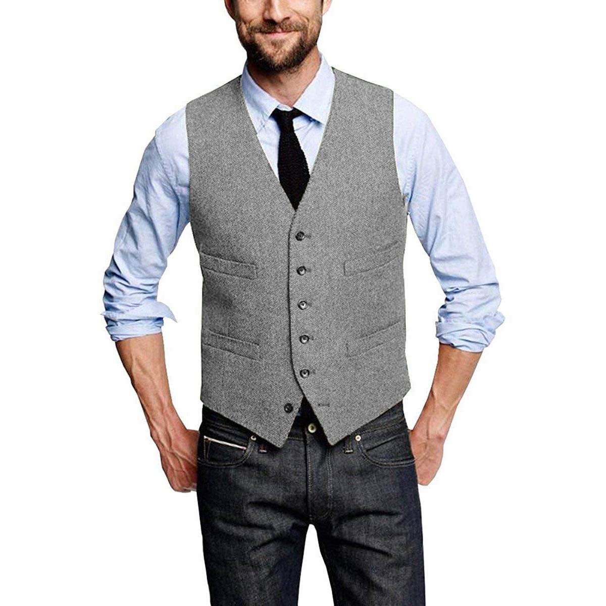 ceehuteey Casual Mens Leisure Tweed Herringbone V Neck Waistcoat