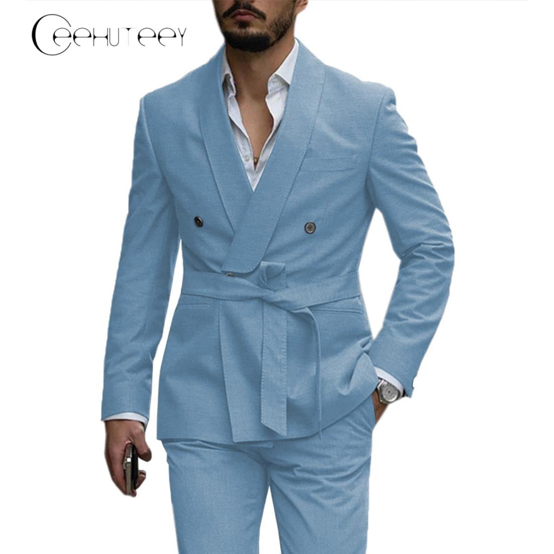 ceehuteey Casual Mens Suit Double Breasted Shawl Lapel 2 Pieces (Blazer+Pants)