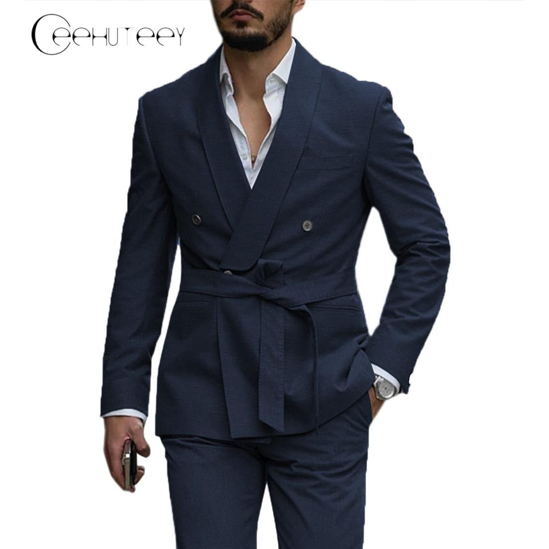 ceehuteey Casual Mens Suit Double Breasted Shawl Lapel 2 Pieces (Blazer+Pants)