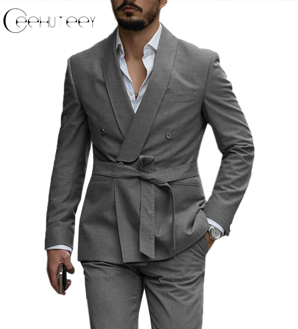ceehuteey Casual Mens Suit Double Breasted Shawl Lapel 2 Pieces (Blazer+Pants)