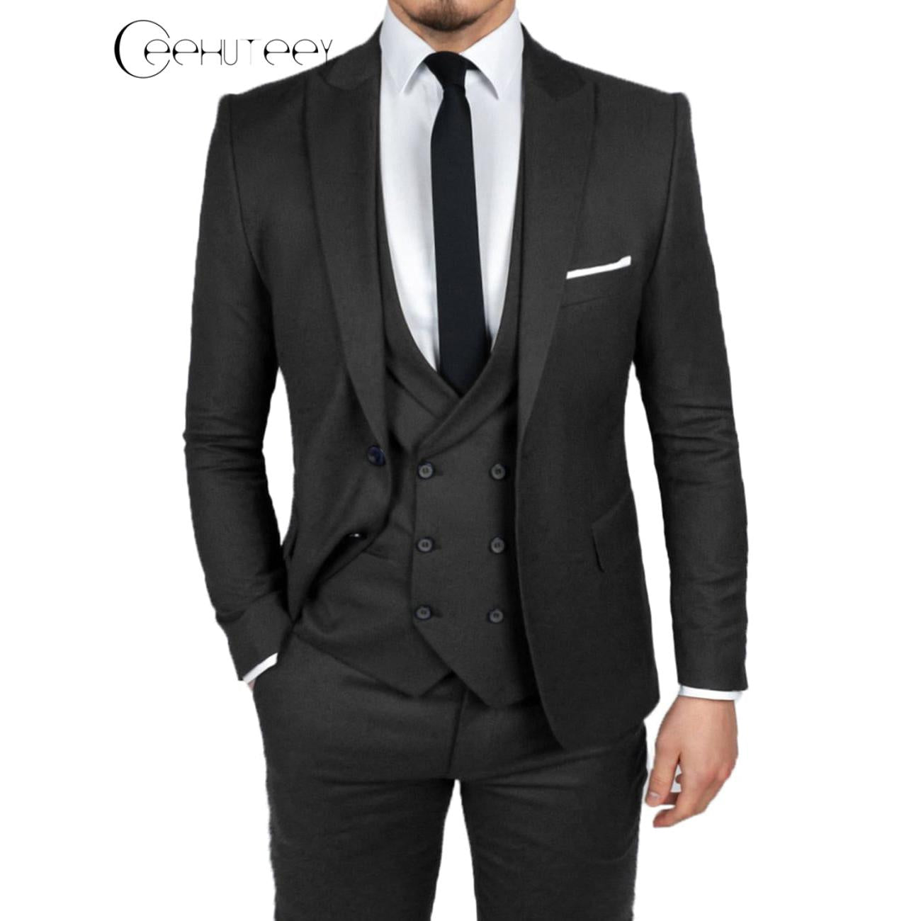 ceehuteey Causal Men's 3 Pieces Dinner Suit Peak Lapel Tuxedos Groom (Blazer+vest+Pants)
