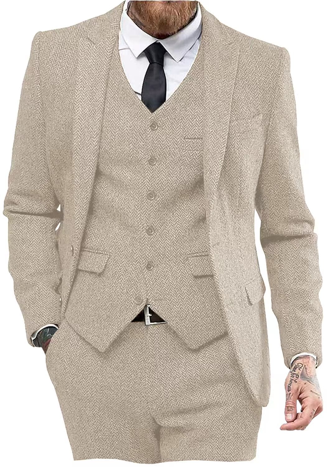ceehuteey Ceehuteey 3 Piece Mens Suit Herringbone Peak Lapel Tuxedos (Blazer+vest+Pants)