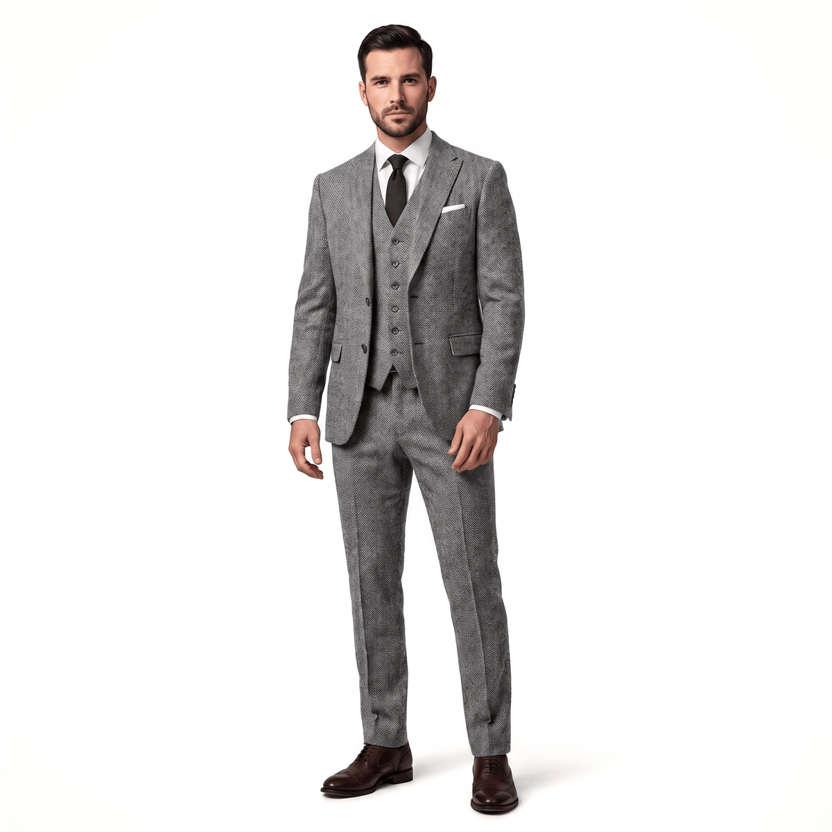 Ceehuteey Ceehuteey Classic 3 Pieces Men's Suit Herringbone Peak Lapel Suit(Blazer+vest+Pants)
