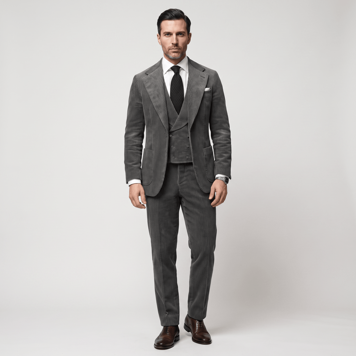 Ceehuteey Ceehuteey Corduroy Men's Suit Solid 3 Pieces Notch Lapel Suit (Blazer+Vest+Pants)