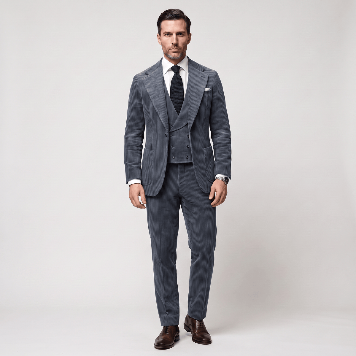Ceehuteey Ceehuteey Corduroy Men's Suit Solid 3 Pieces Notch Lapel Suit (Blazer+Vest+Pants)