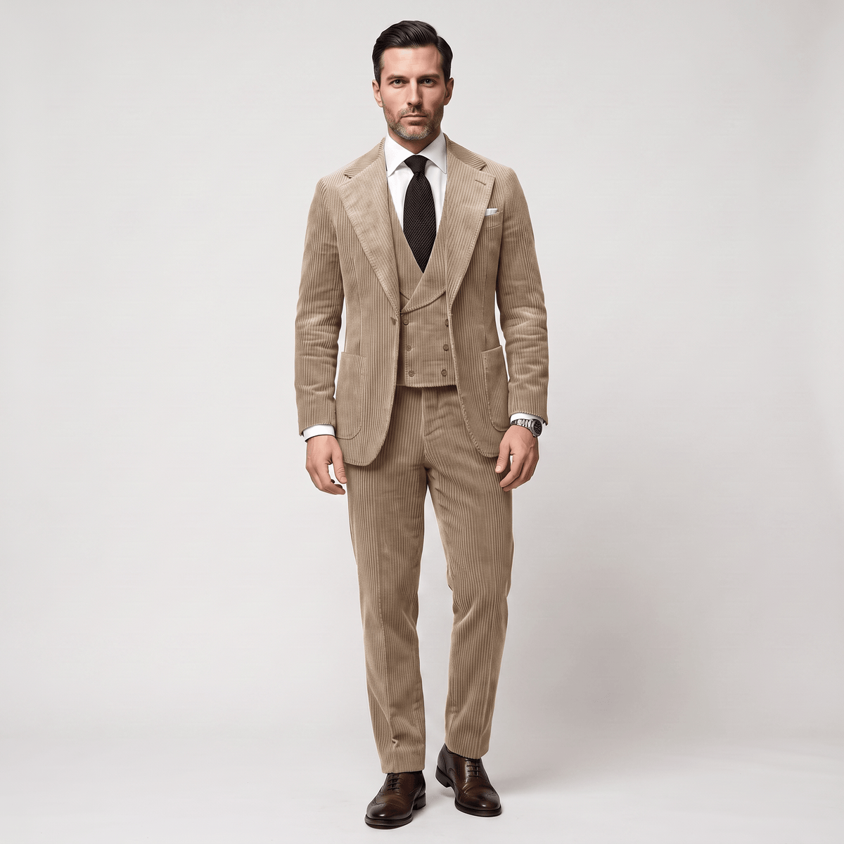 Ceehuteey Ceehuteey Corduroy Men's Suit Solid 3 Pieces Notch Lapel Suit (Blazer+Vest+Pants)
