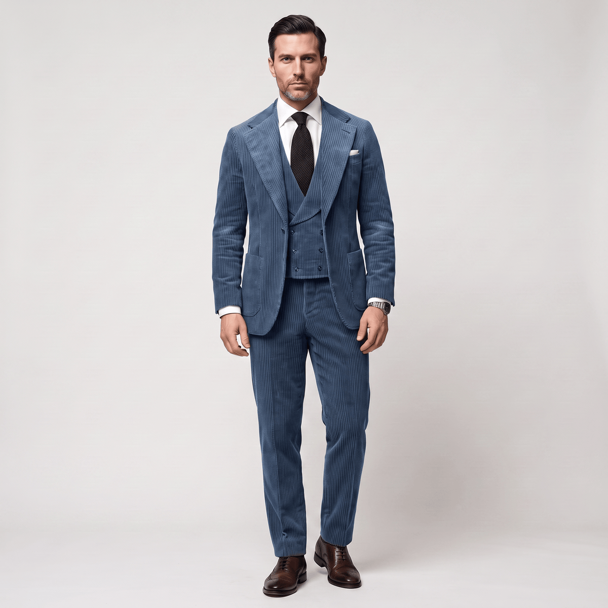 Ceehuteey Ceehuteey Corduroy Men's Suit Solid 3 Pieces Notch Lapel Suit (Blazer+Vest+Pants)