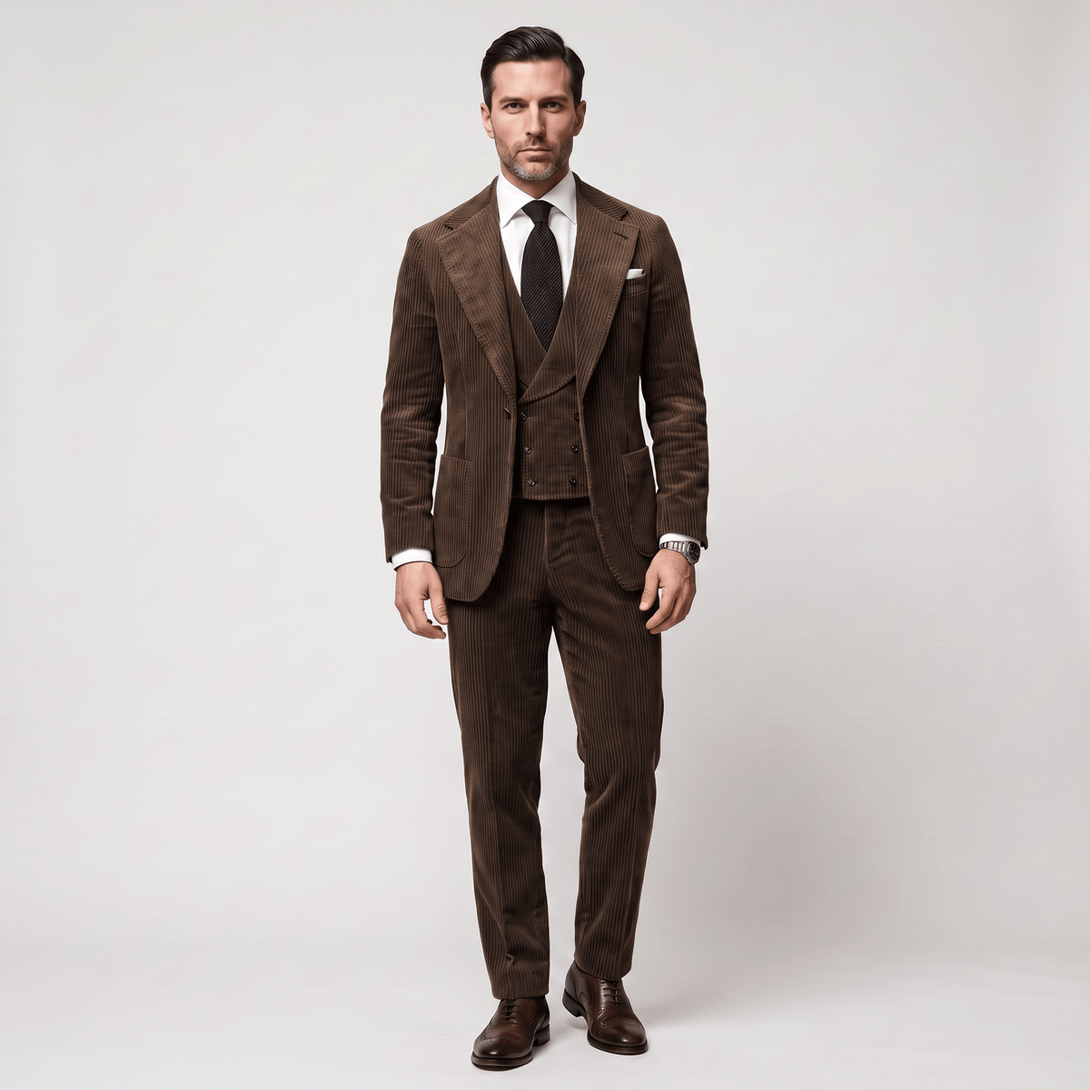 Ceehuteey Ceehuteey Corduroy Men's Suit Solid 3 Pieces Notch Lapel Suit (Blazer+Vest+Pants)