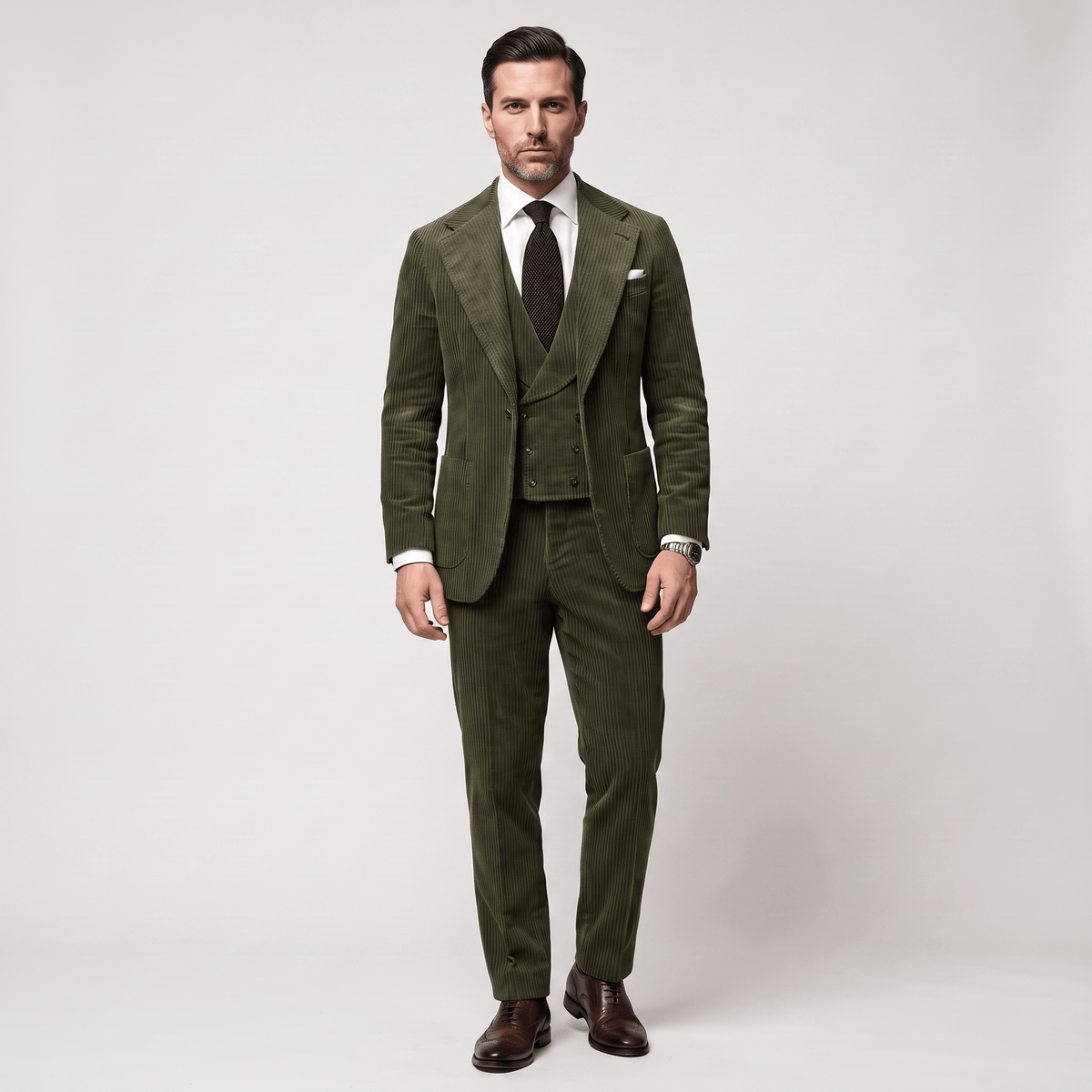 Ceehuteey Ceehuteey Corduroy Men's Suit Solid 3 Pieces Notch Lapel Suit (Blazer+Vest+Pants)