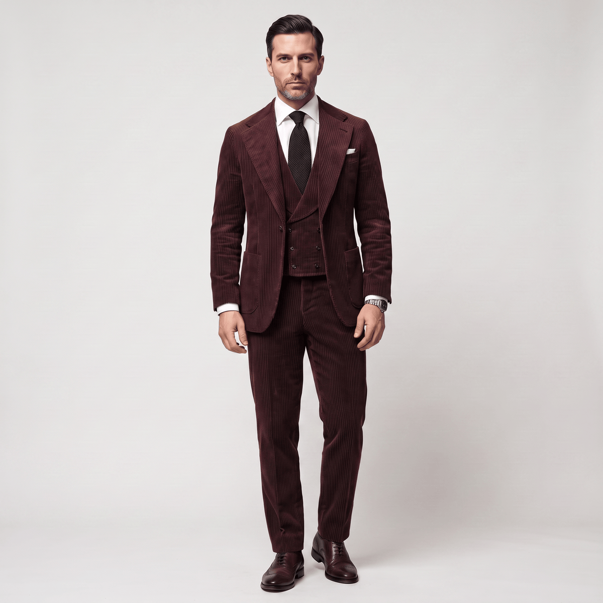 Ceehuteey Ceehuteey Corduroy Men's Suit Solid 3 Pieces Notch Lapel Suit (Blazer+Vest+Pants)