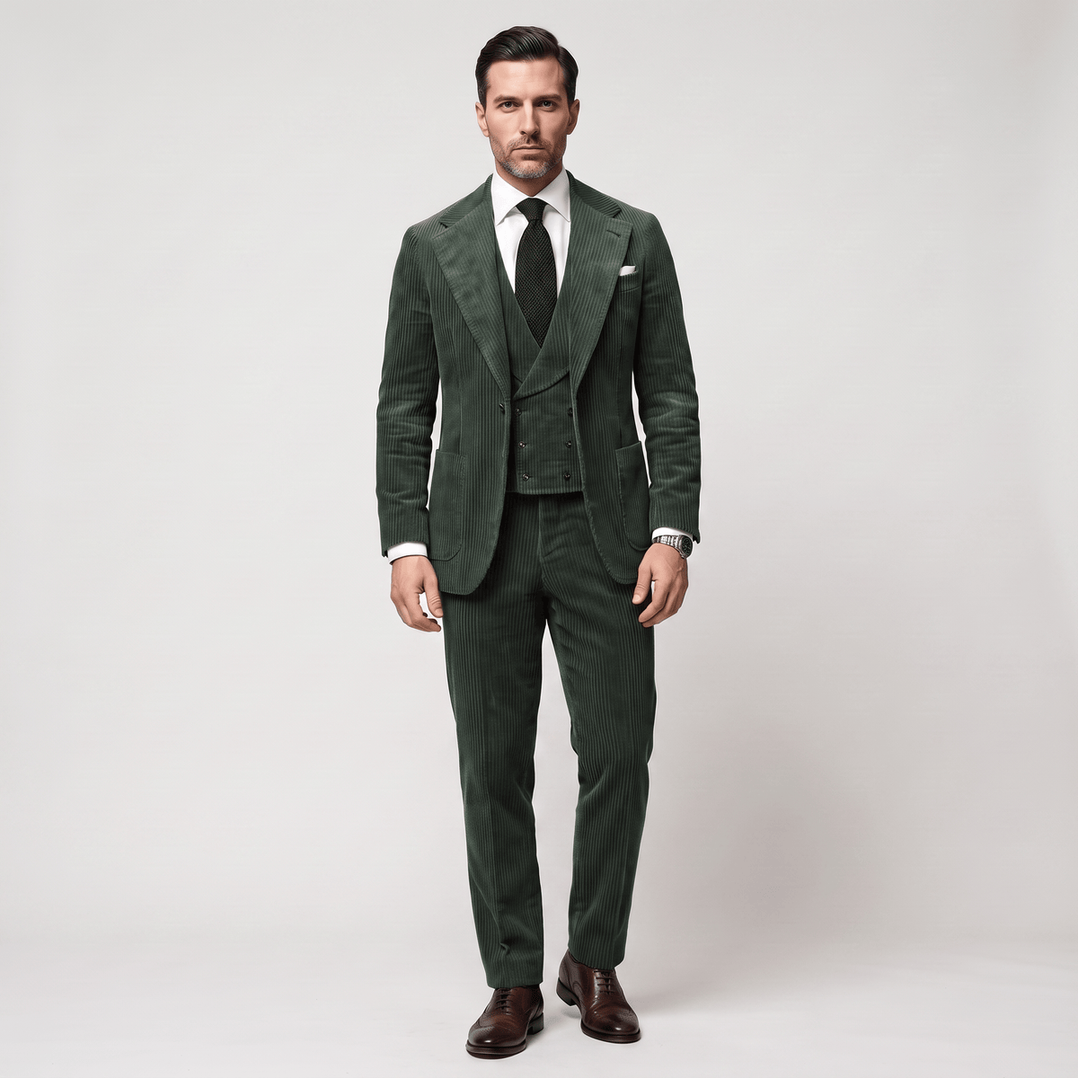 Ceehuteey Ceehuteey Corduroy Men's Suit Solid 3 Pieces Notch Lapel Suit (Blazer+Vest+Pants)